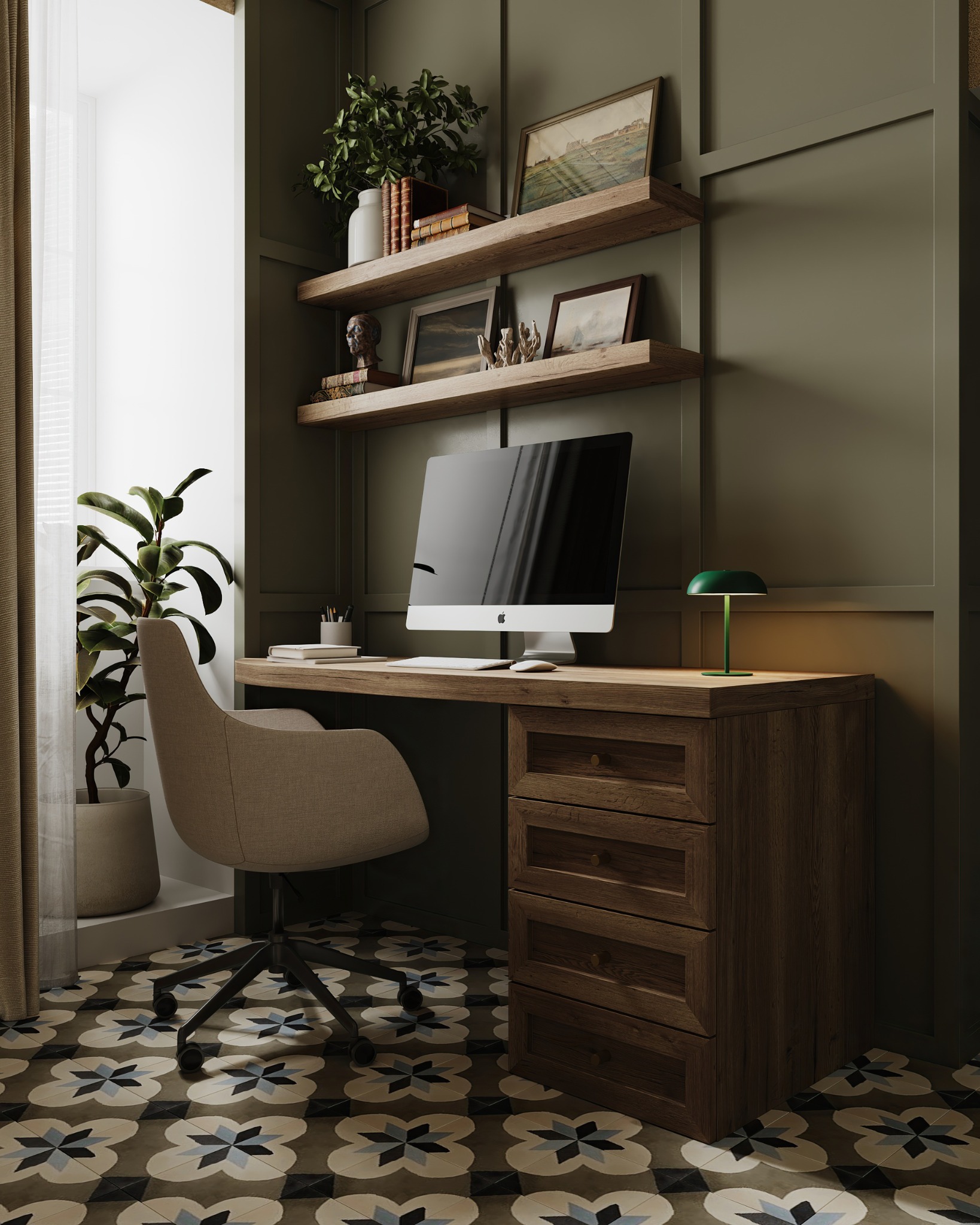 Compact home office with olive wall panelling, timber desk and shelves