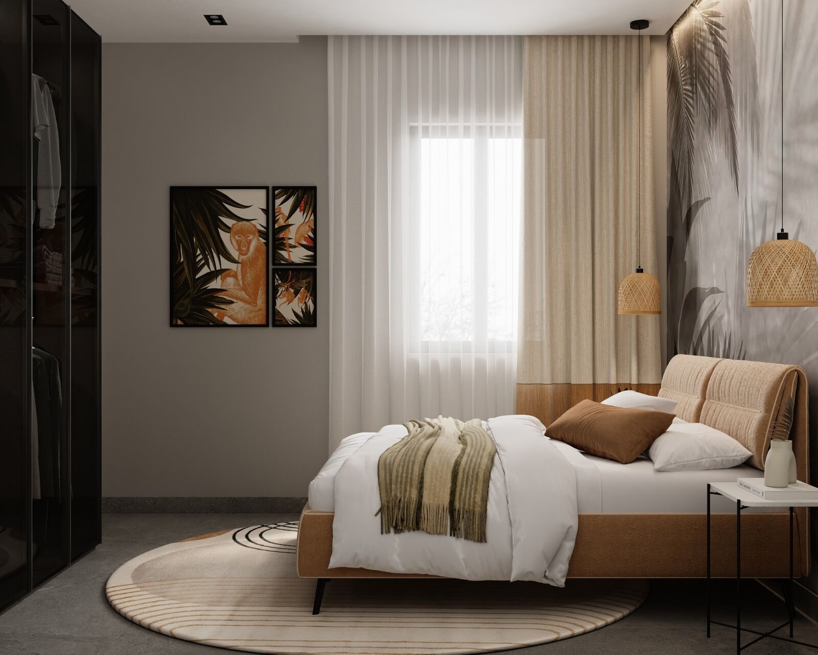 Bedroom with warm timber details and pendant lighting