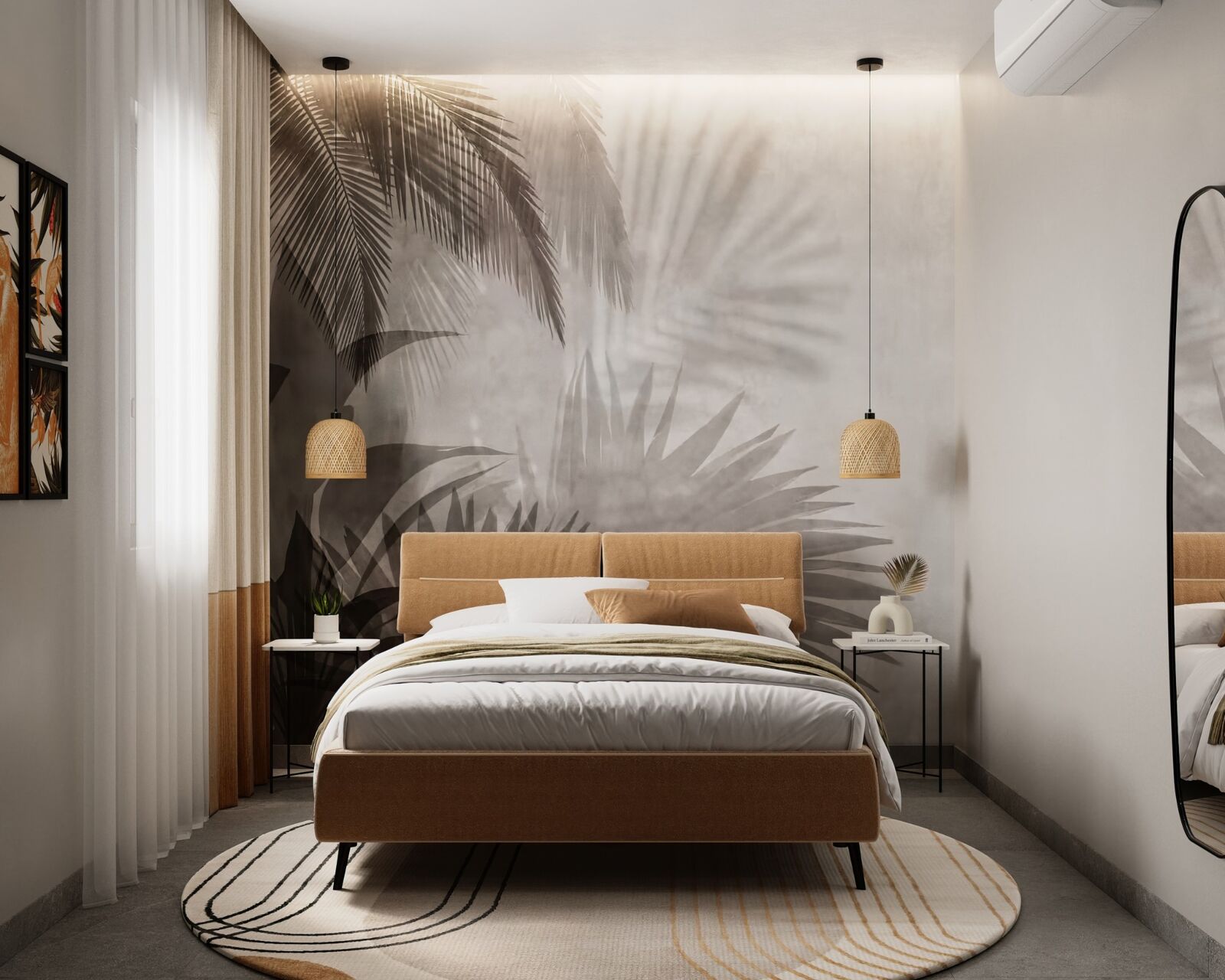 Rental studio bedroom with botanical feature wall