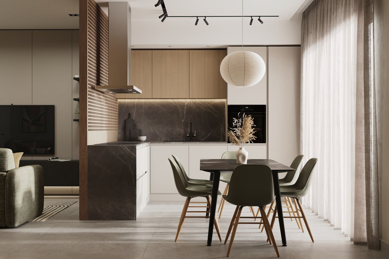 Compact kitchen and dining area with timber screen