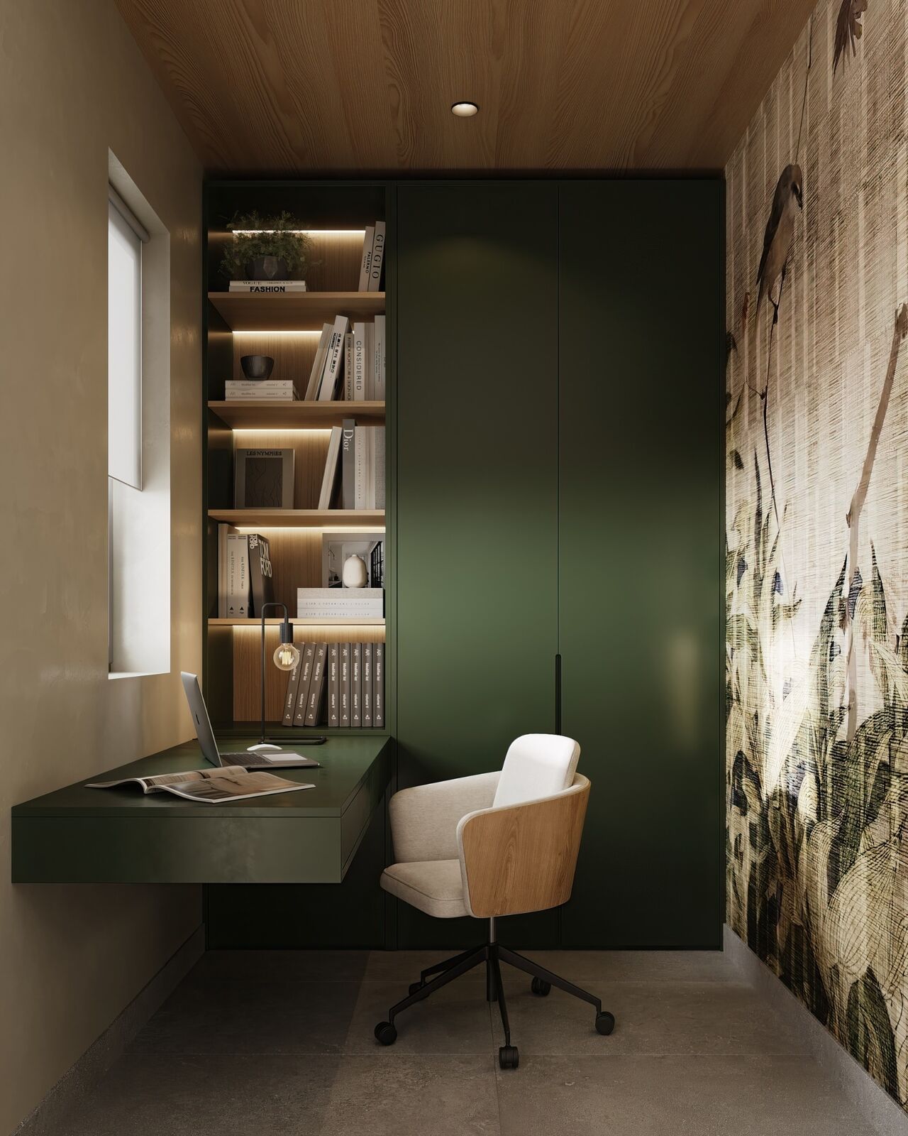 Integrated study desk with green cabinetry and shelving