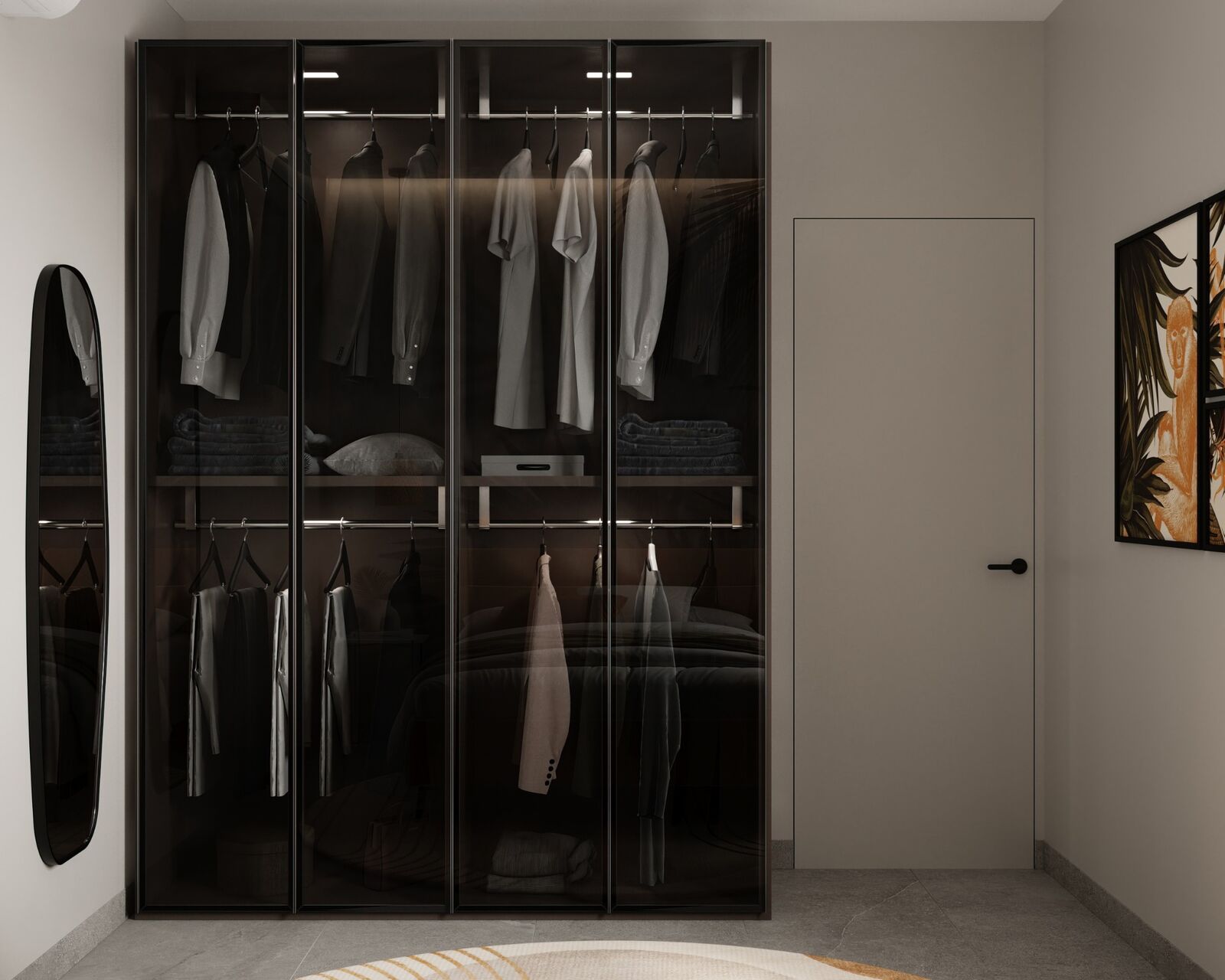 Full-height glazed wardrobe with integrated lighting