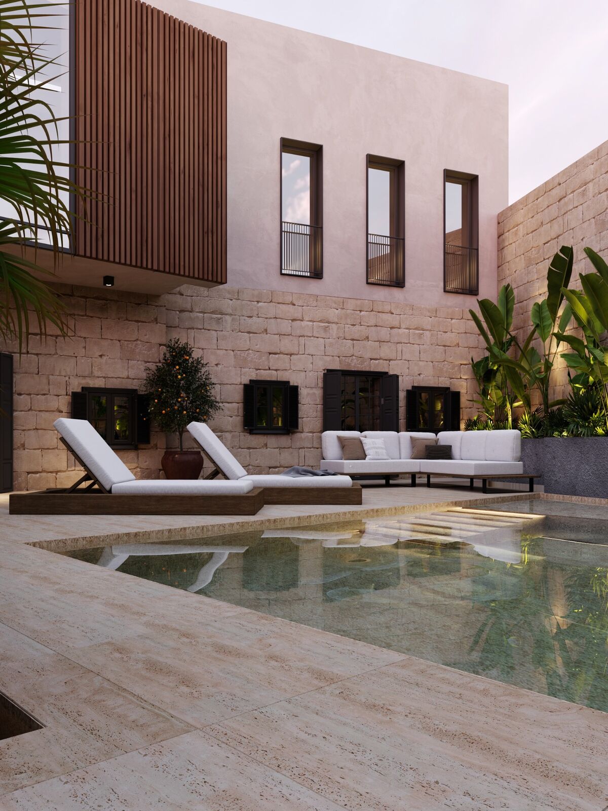 Day view across the courtyard pool