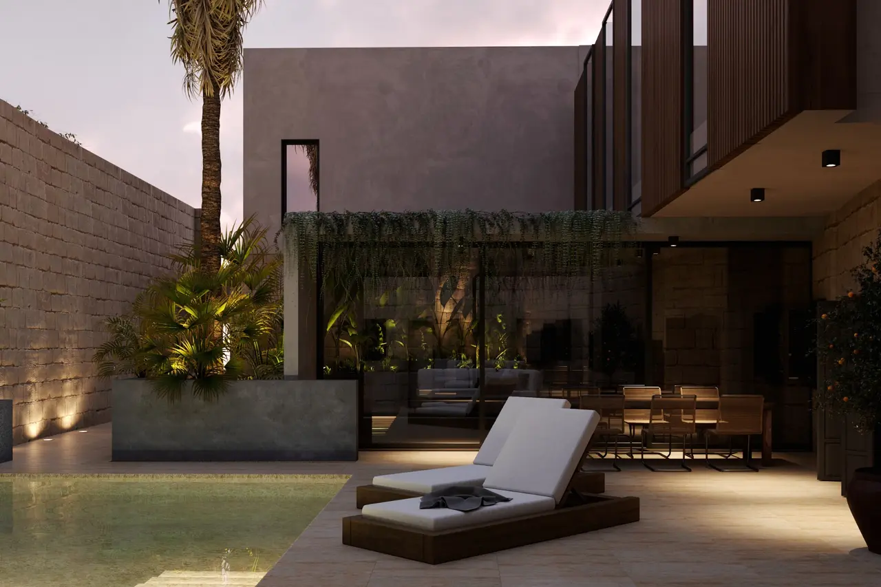 Courtyard residence with pool and warm evening light