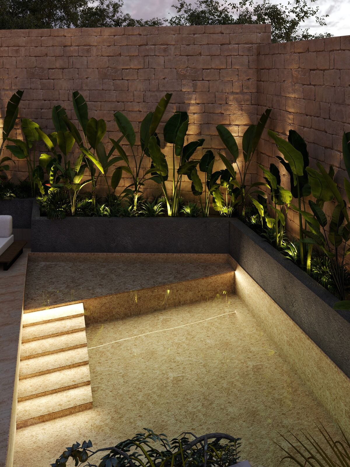 Illuminated pool steps and tropical planting