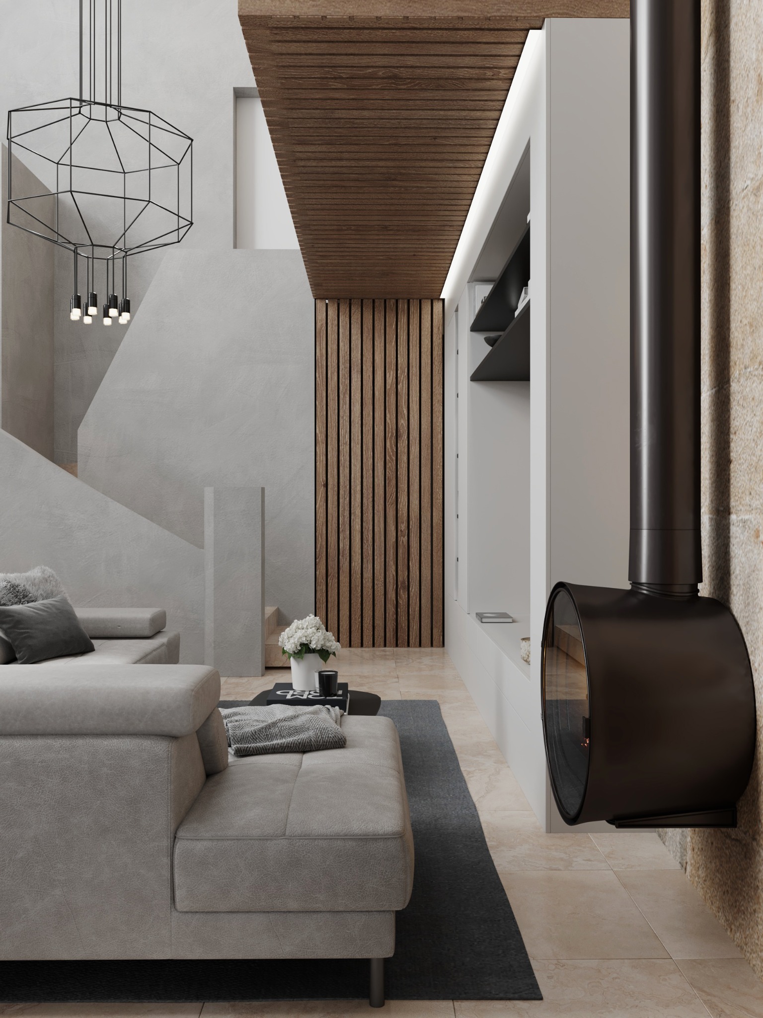 Suspended black fireplace against a full-height limestone wall