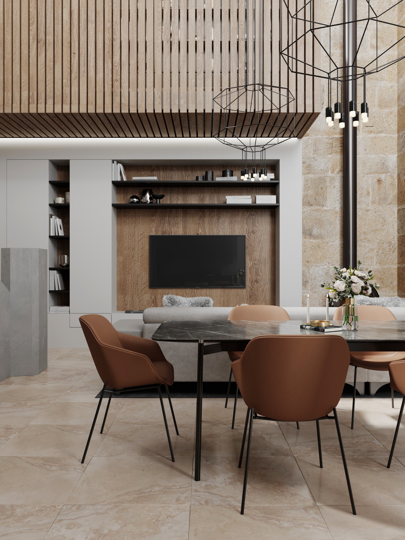 Dining area connected to the living room with timber slats above