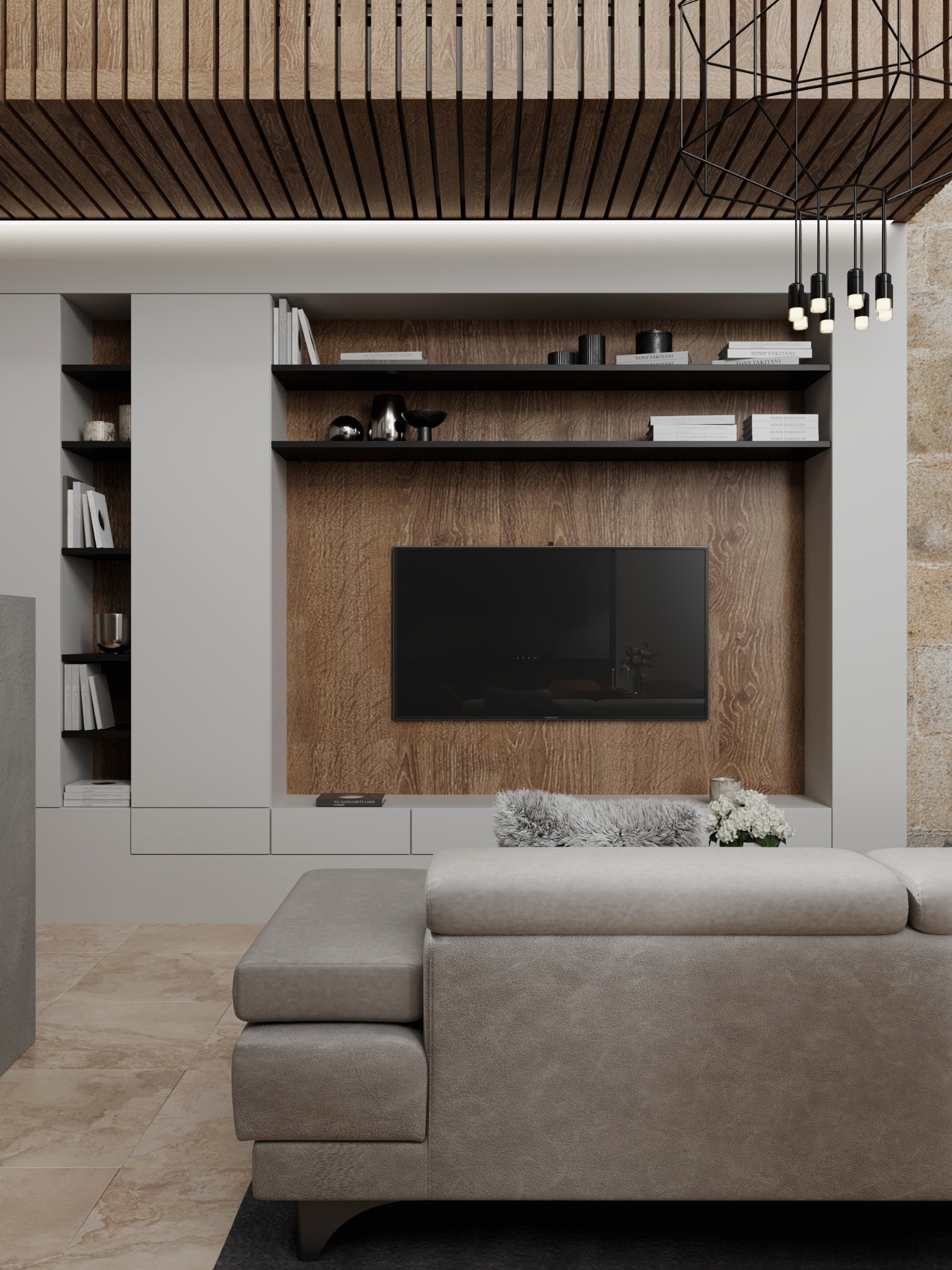 Built-in media wall with timber backing and storage