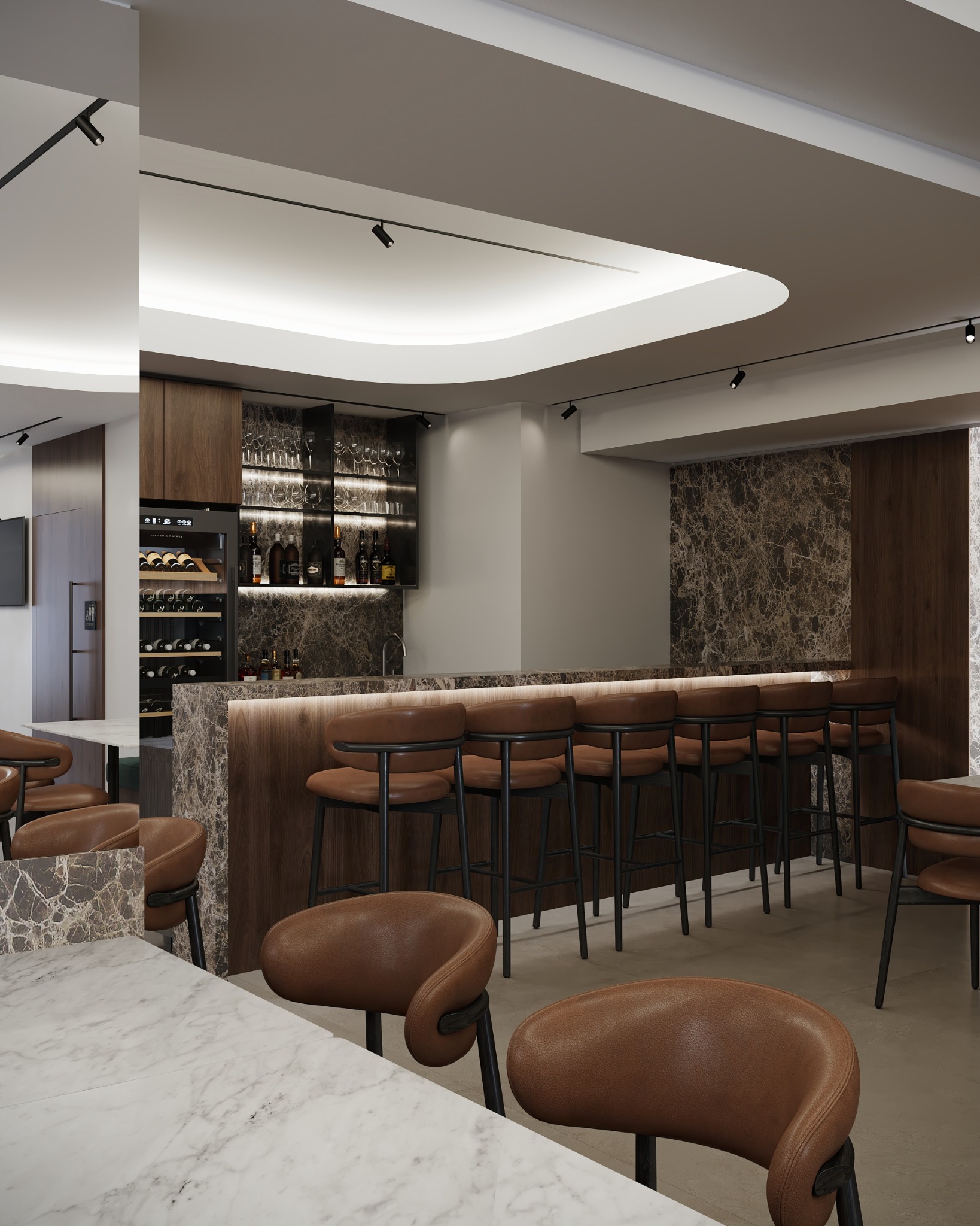 Timber bar with stone finishes