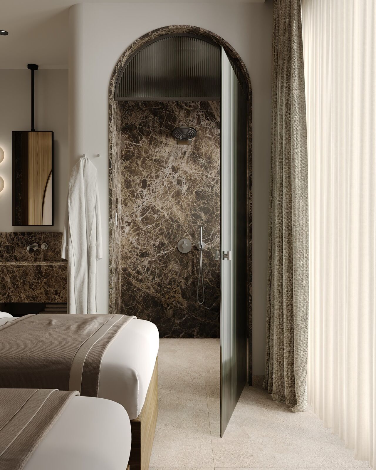 Arched glass entrance to stone ensuite bathroom