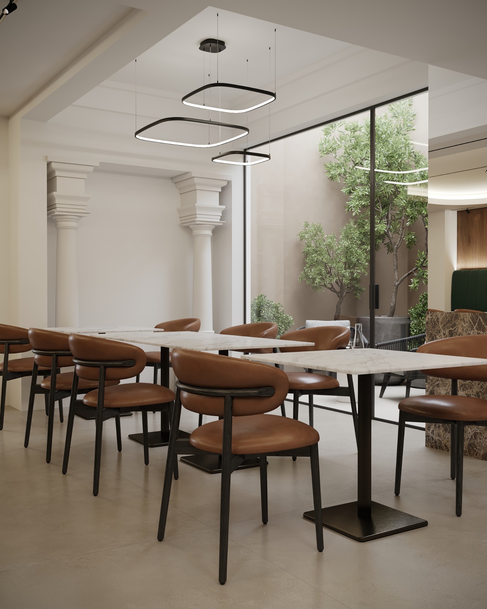 Dining area with sculptural pendant lights