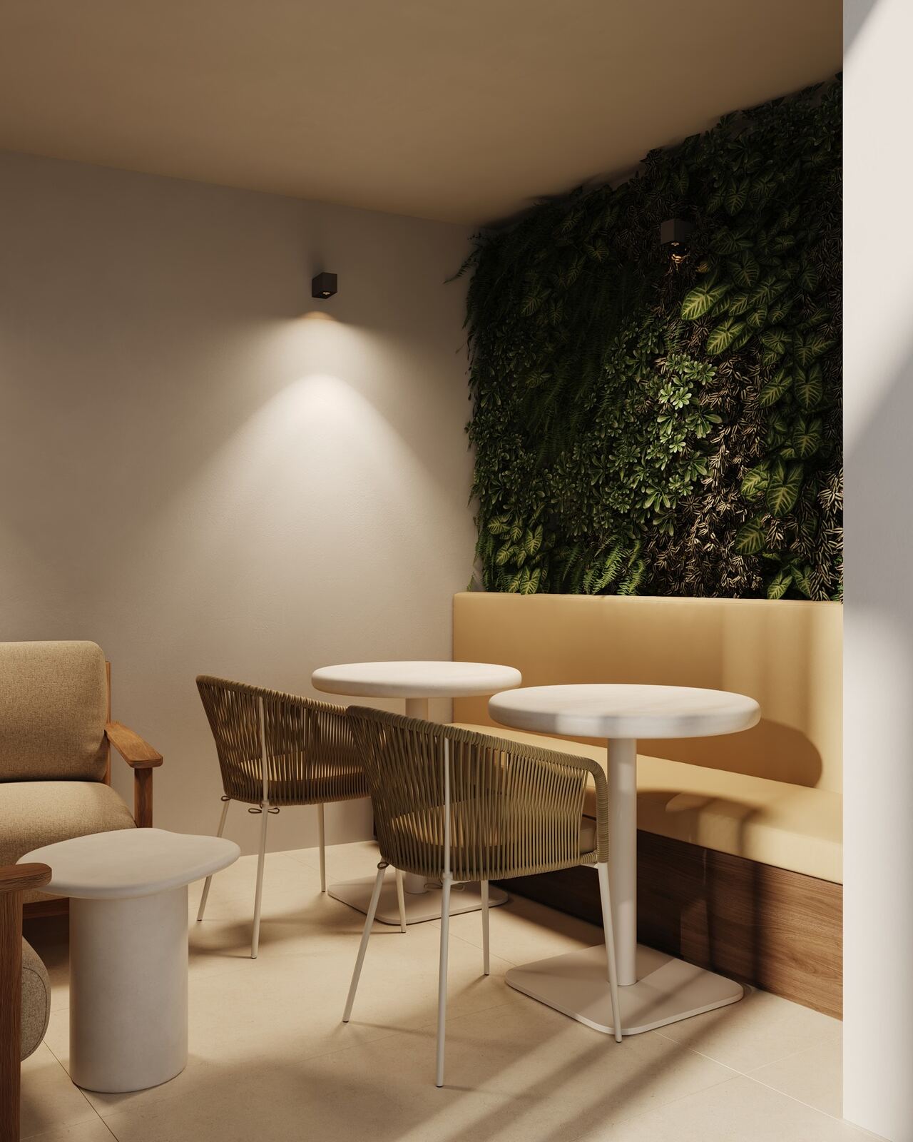 Pool lounge dining beside a planted green wall