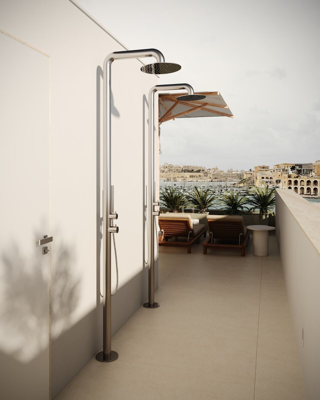 Outdoor showers on the hotel pool terrace