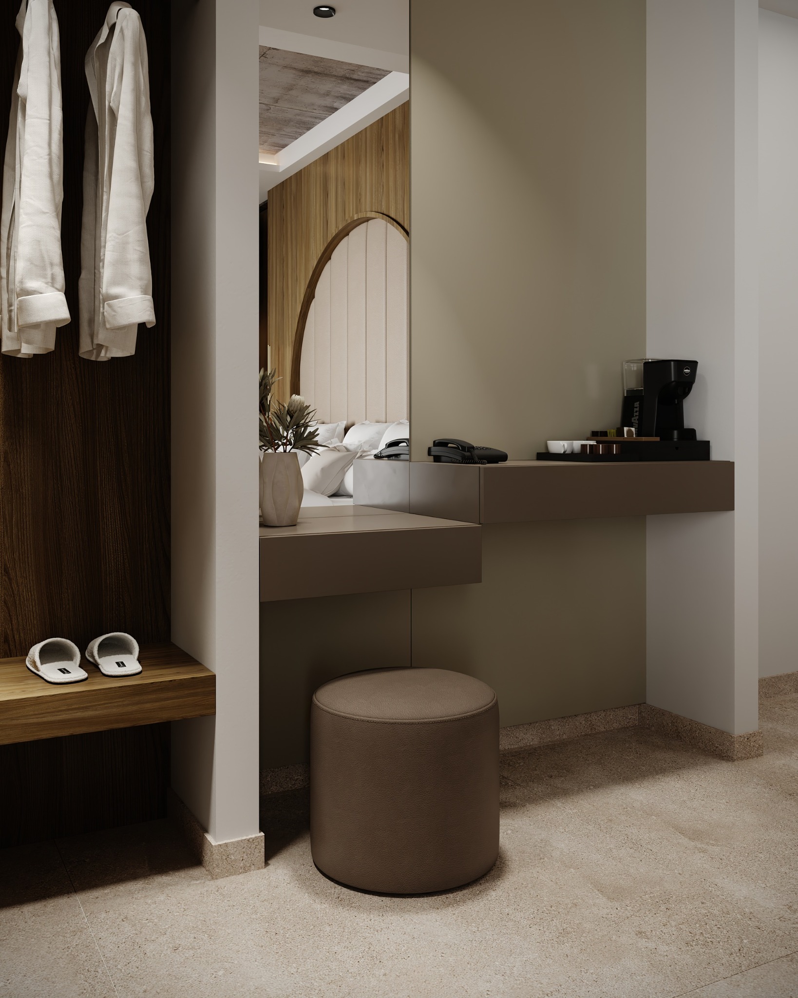 Integrated dressing desk and open wardrobe
