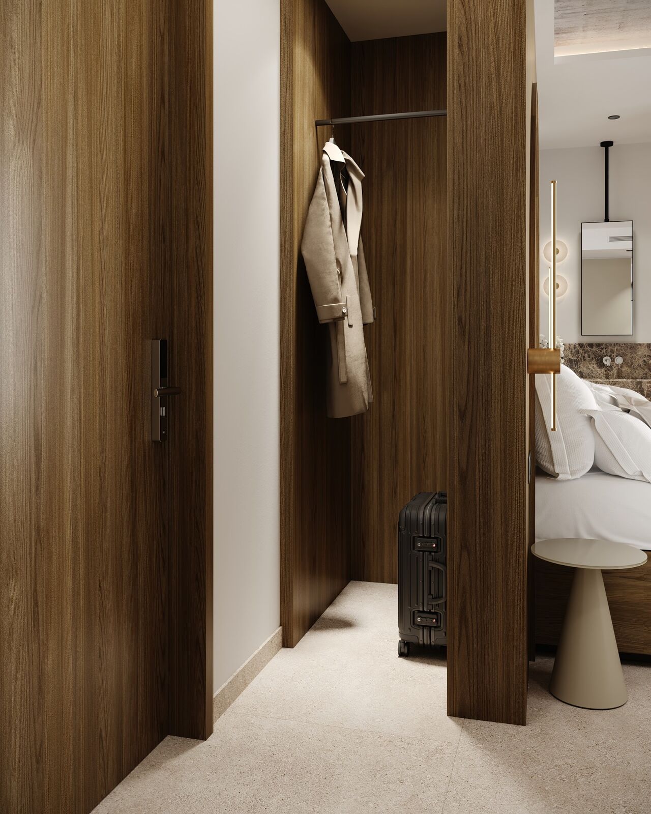 Room entrance with integrated timber wardrobe