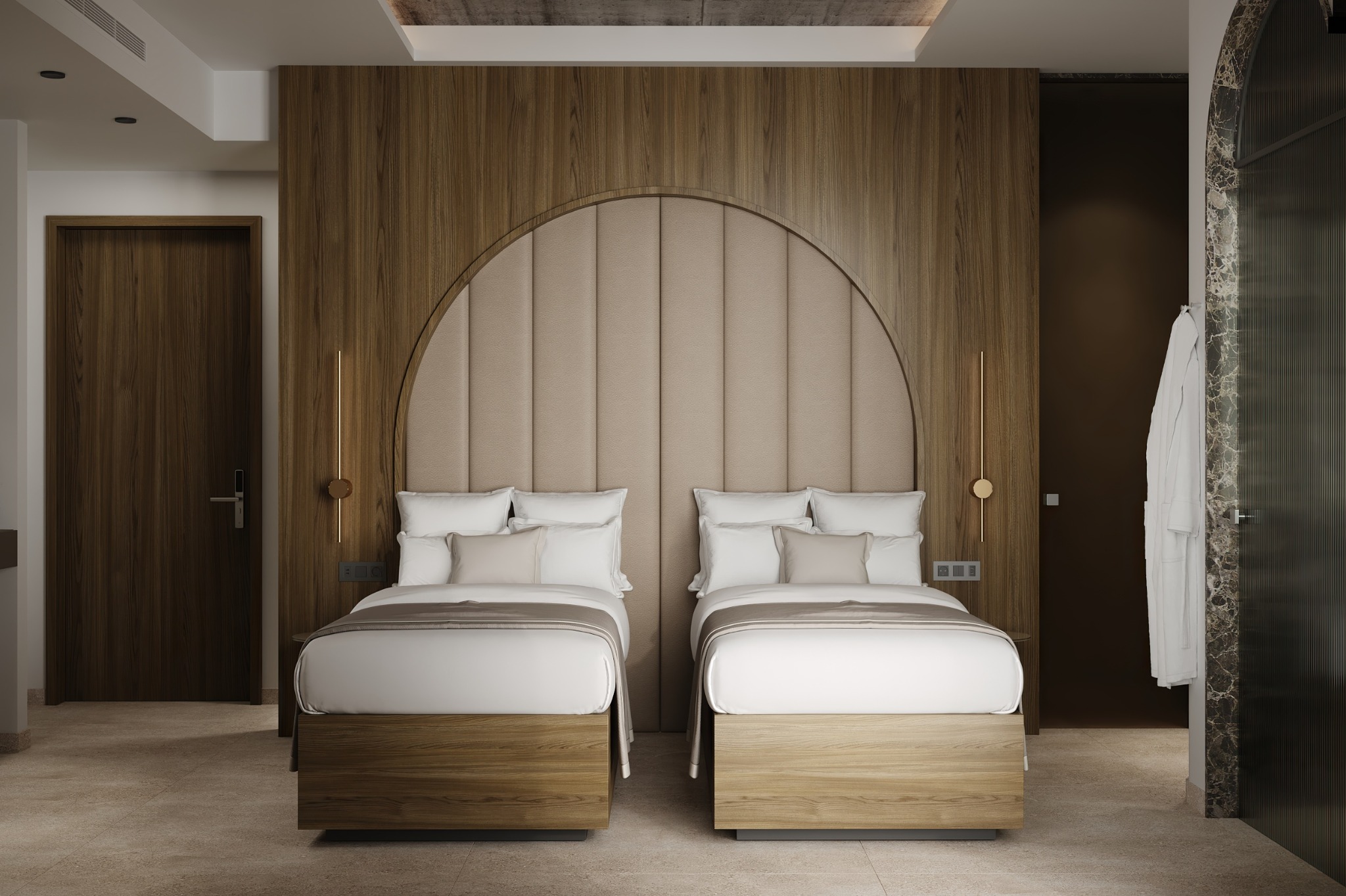 Twin room with arched upholstered headboard