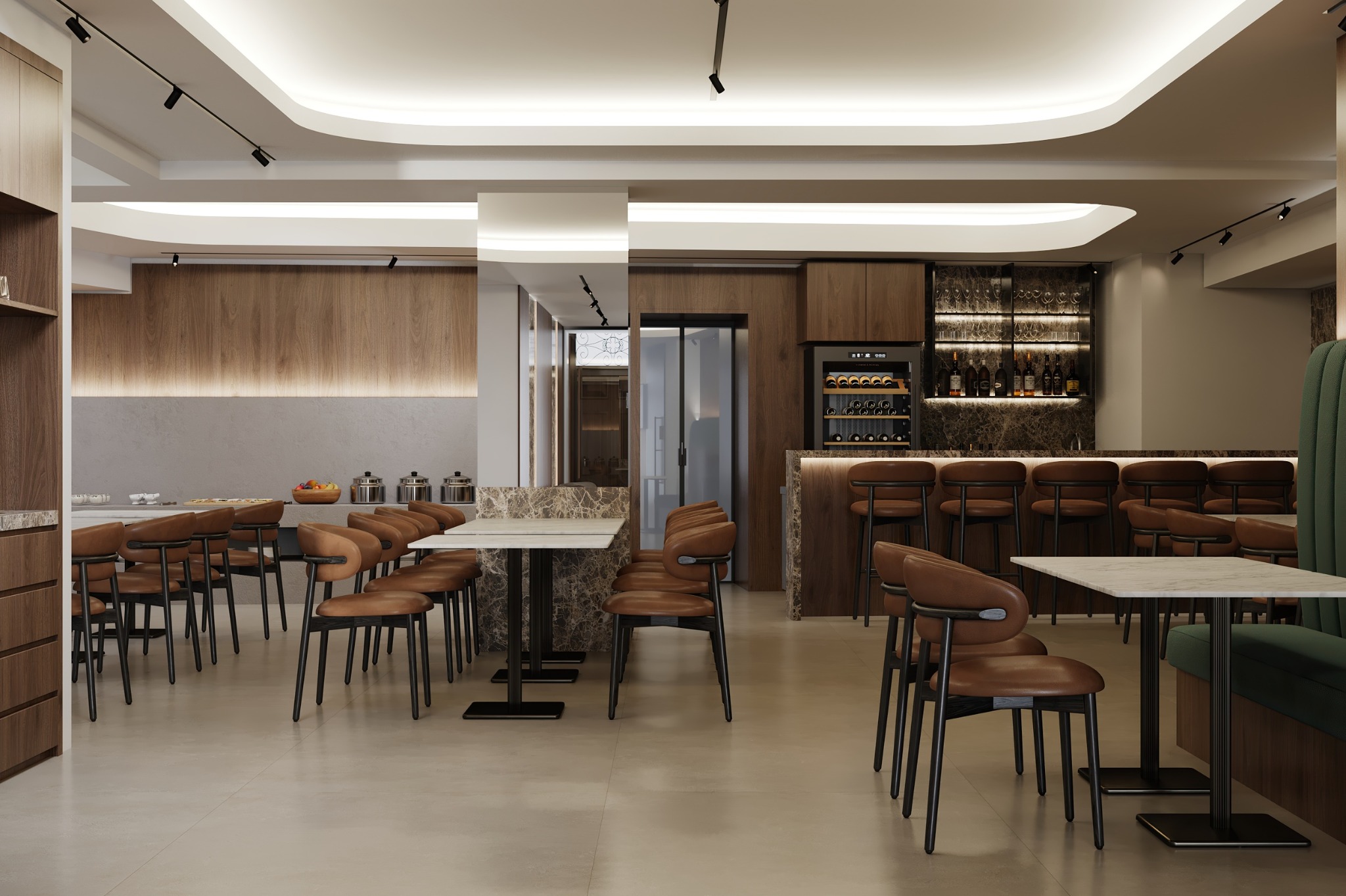 Wide view across the dining and bar areas