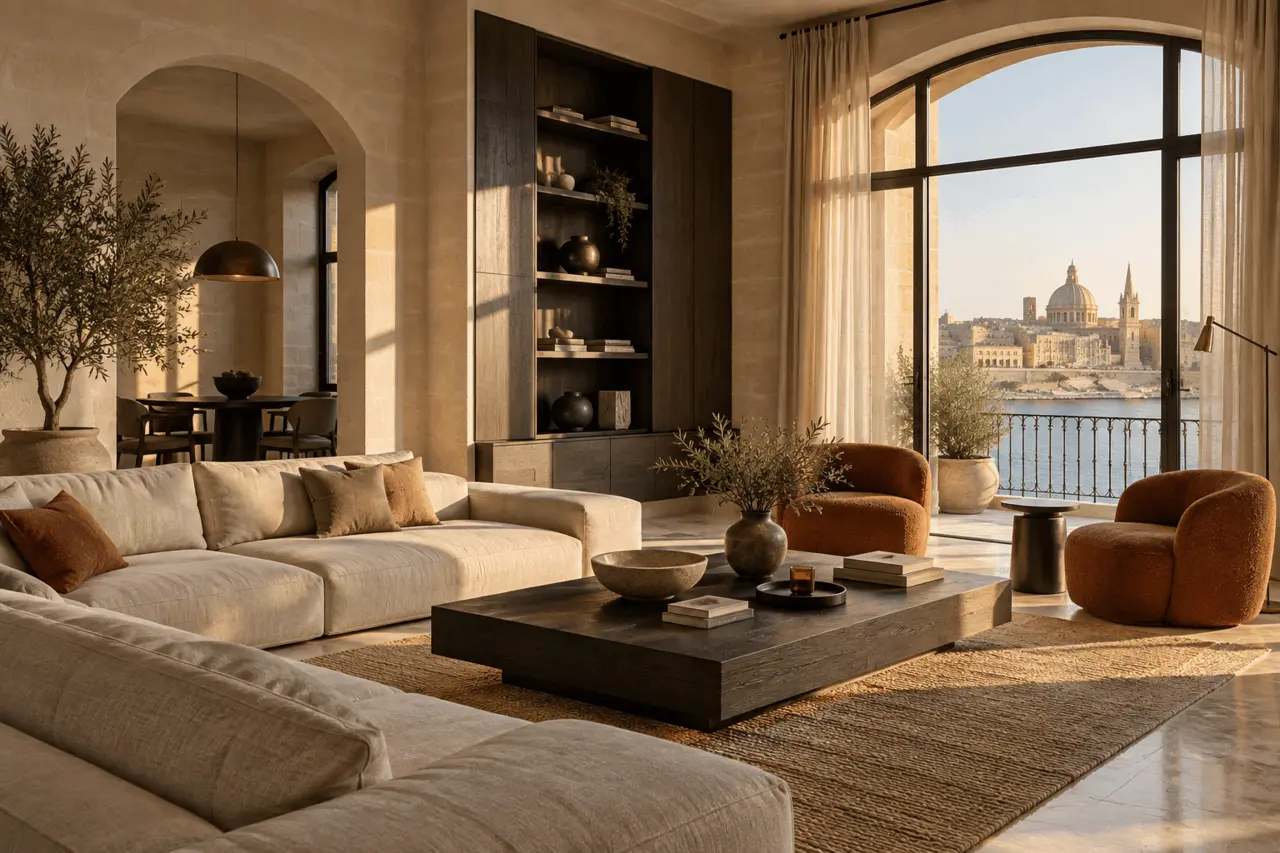 Concept interior with limestone, dark timber and warm natural light