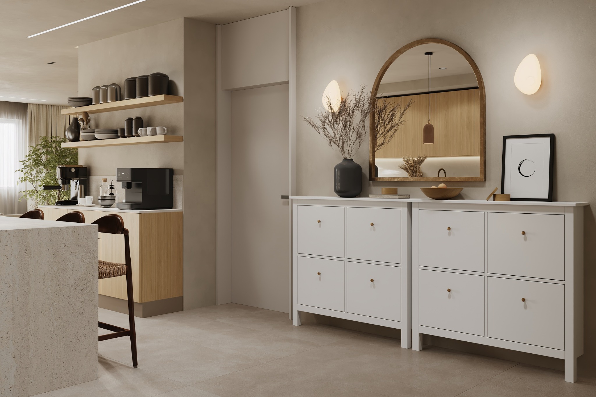Entrance storage with framed mirror beside the open-plan kitchen