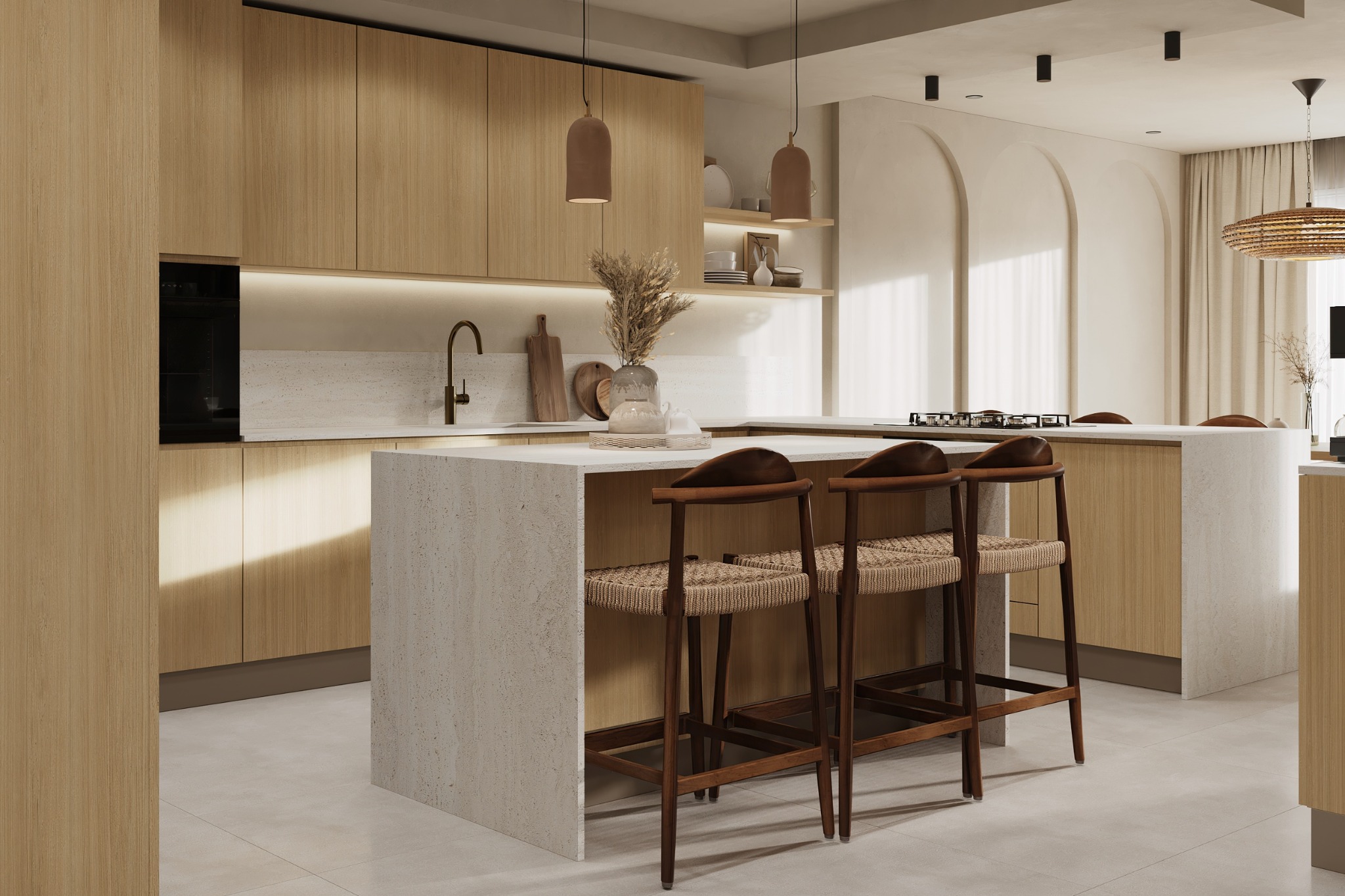 Pale oak kitchen with stone island and woven timber stools