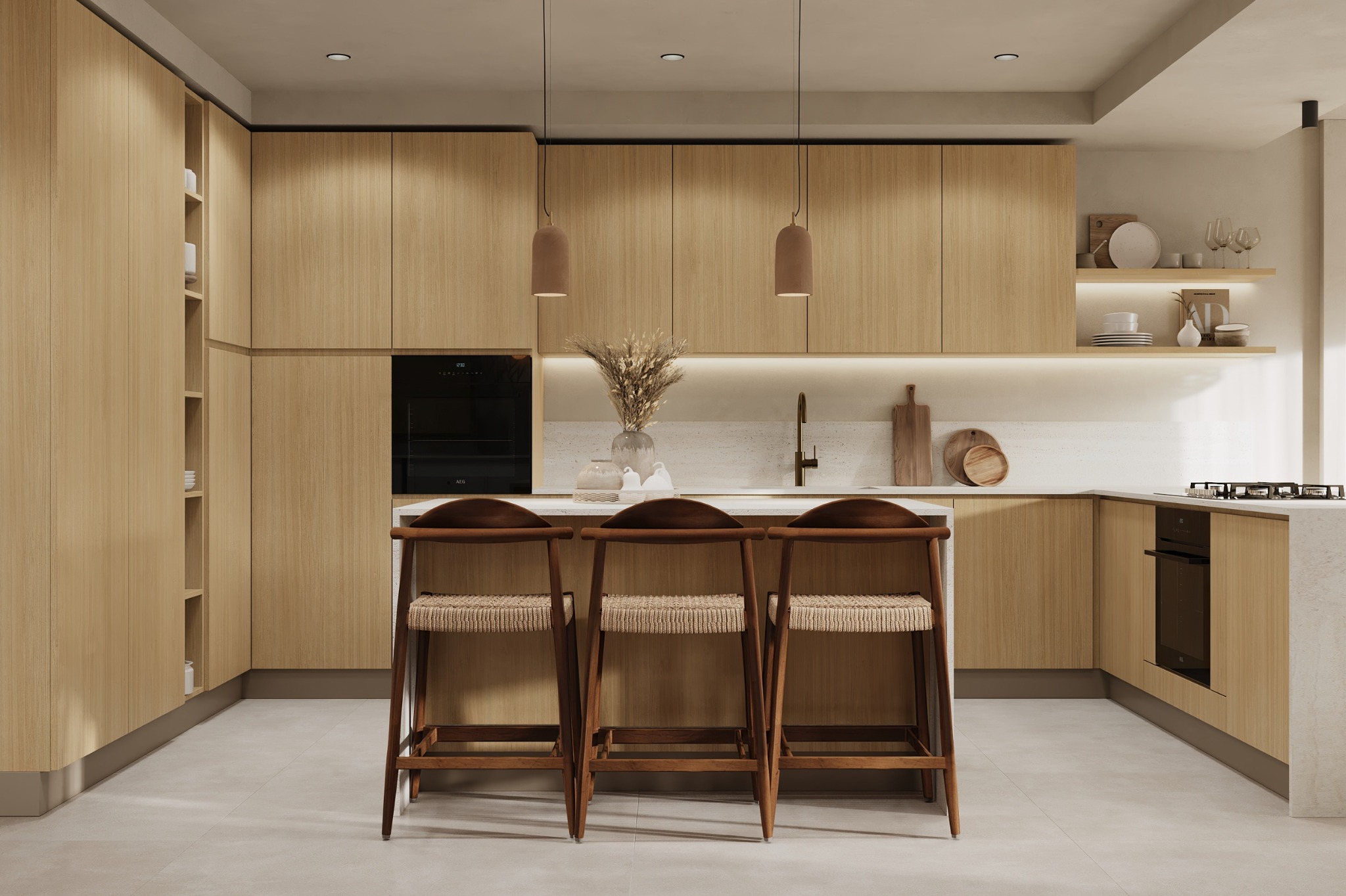 Front view of pale oak kitchen cabinetry and island seating
