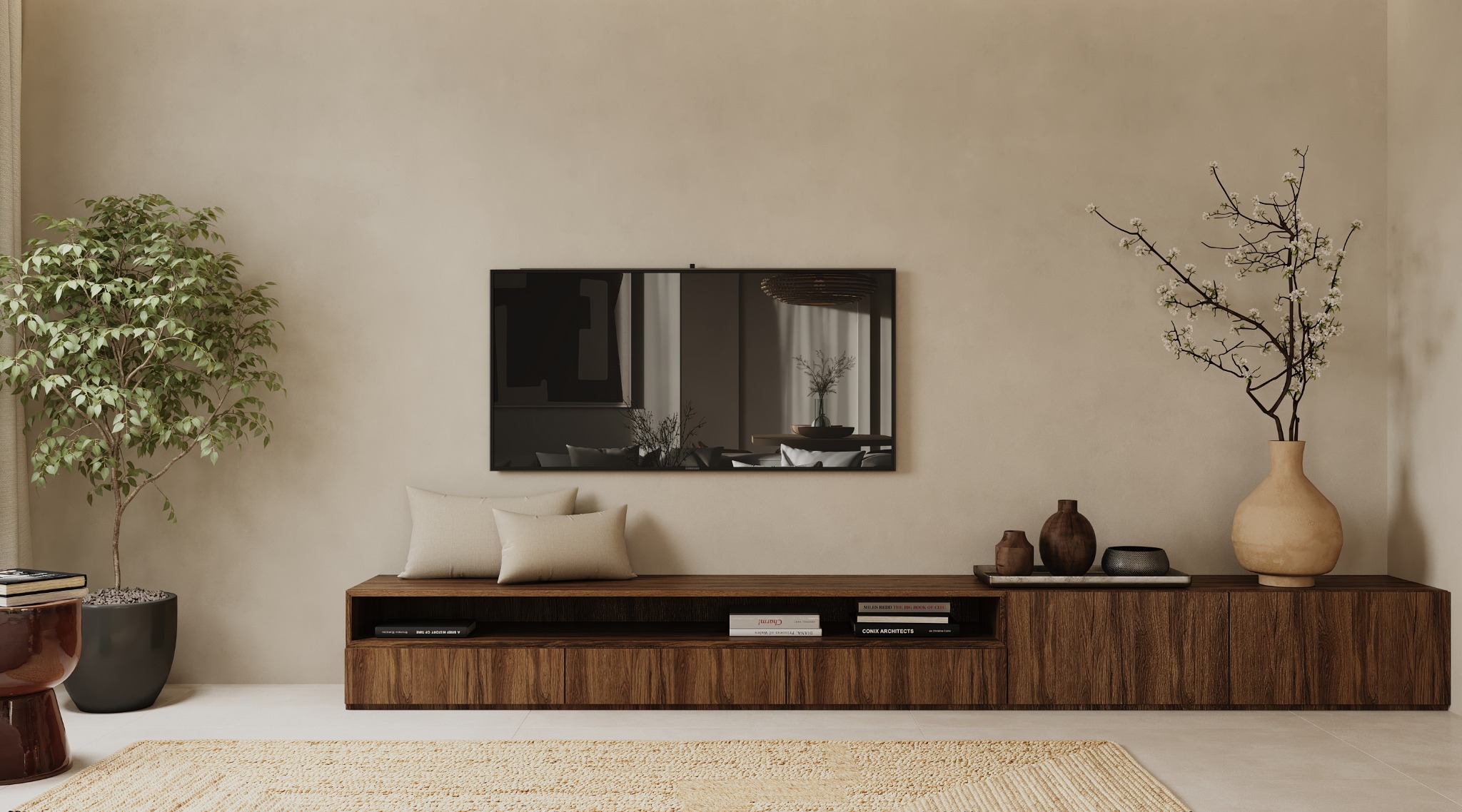Walnut media unit with television, indoor planting and decorative objects