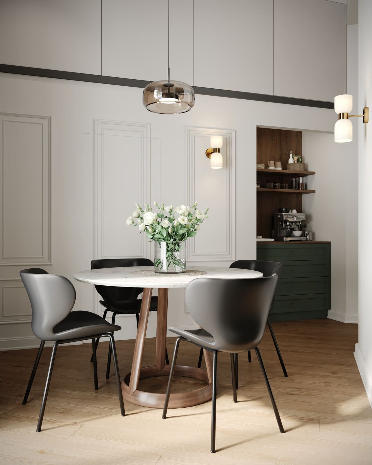 Round dining table with feature lighting