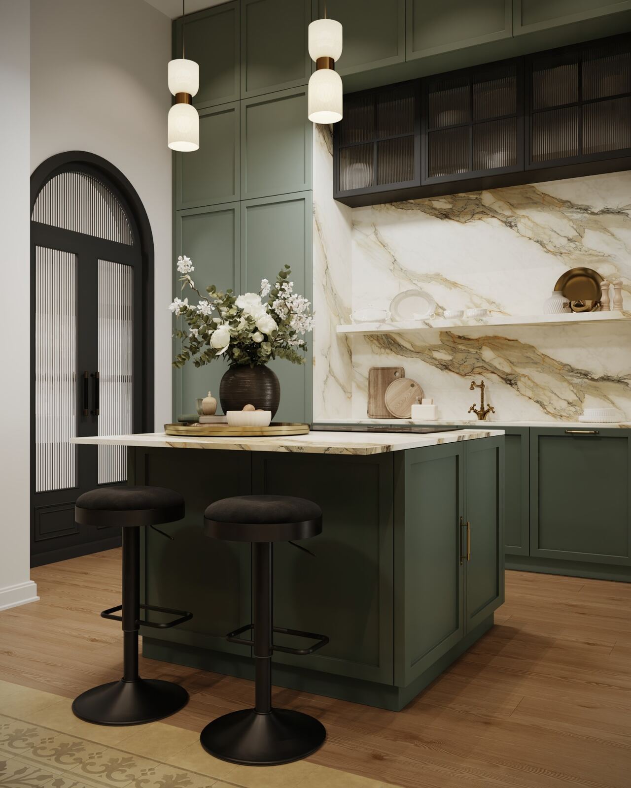 Olive kitchen island with pendant lighting and arched doorway