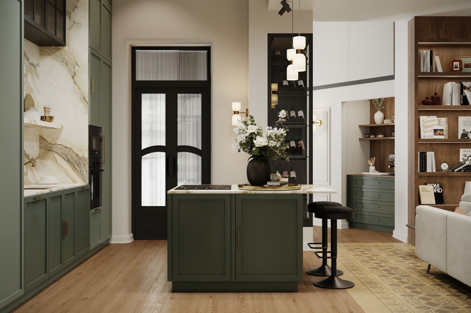 Green kitchen and island with stone surfaces