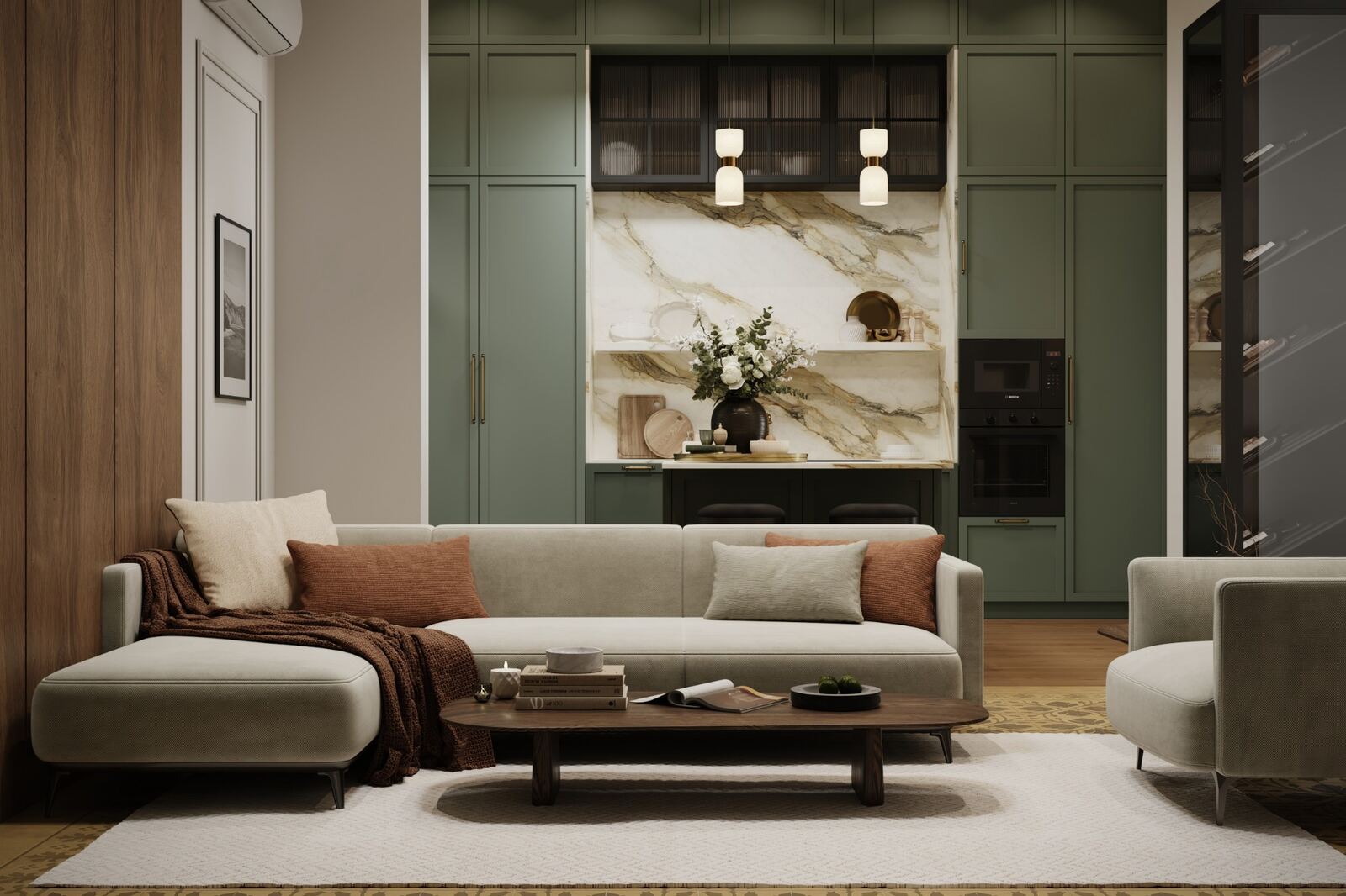 Olive and Walnut open-plan interior