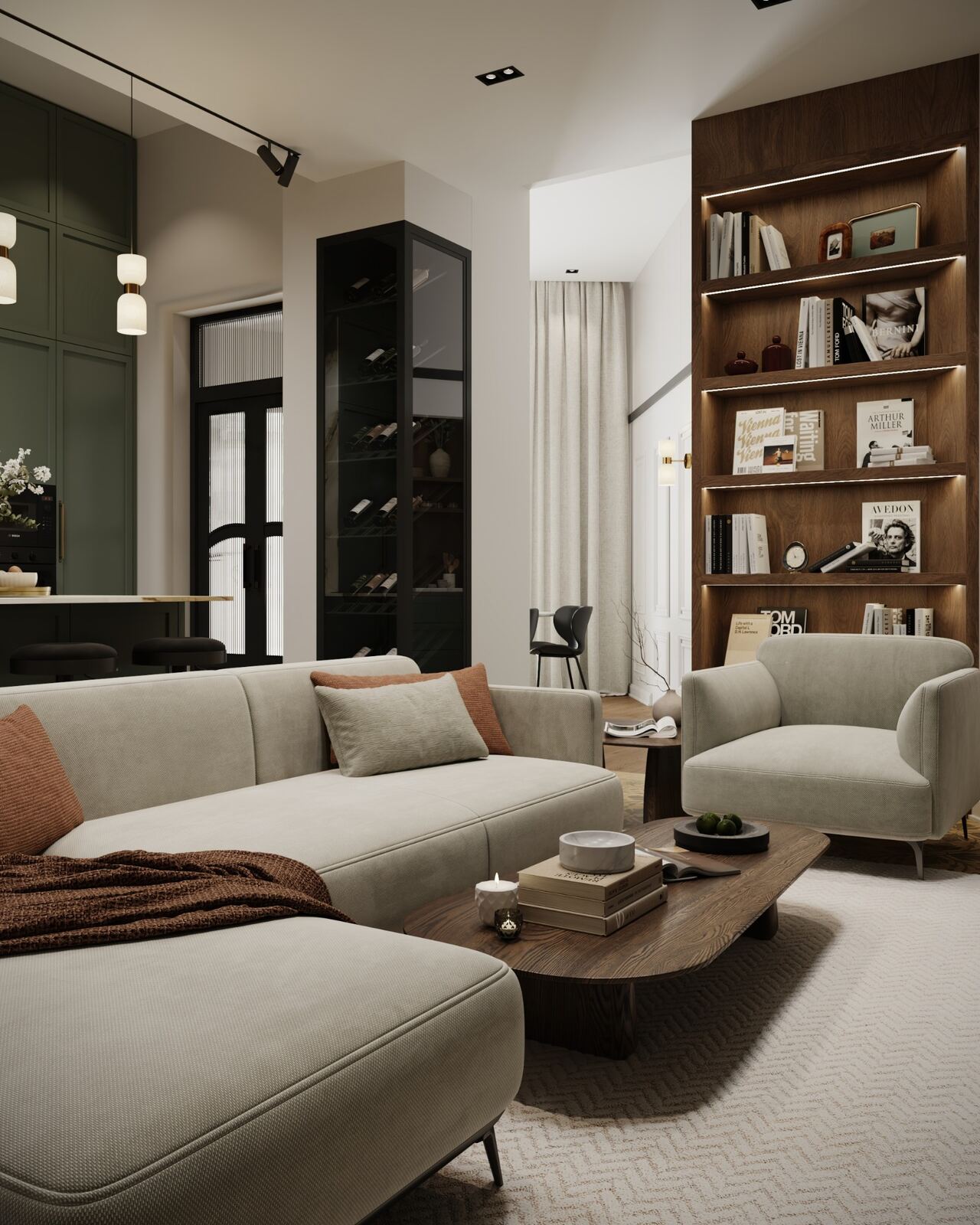 Softly furnished living area with walnut shelving