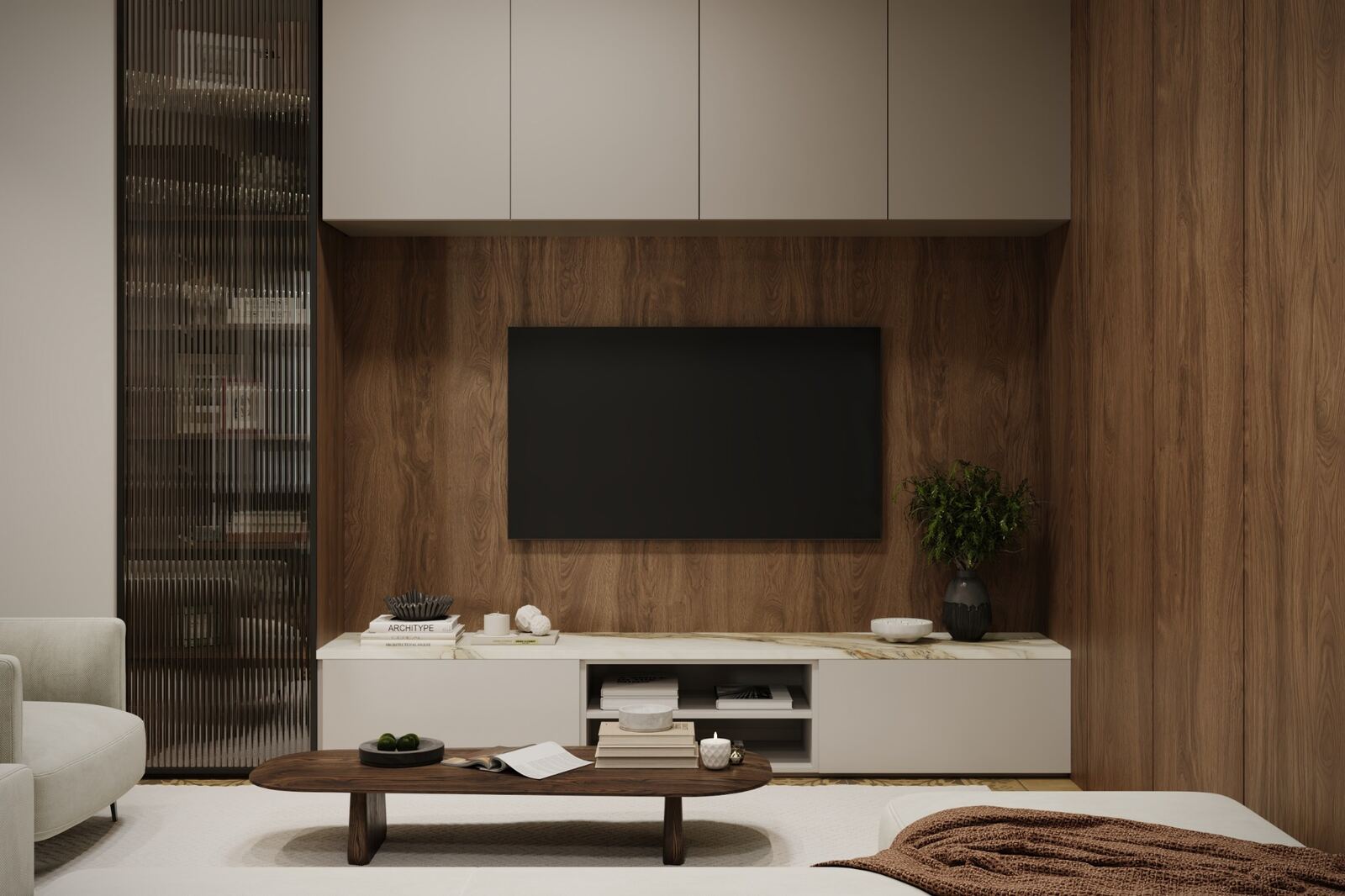 Walnut media wall and integrated display cabinetry