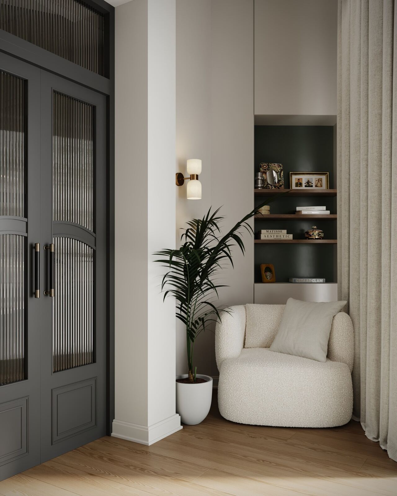 Reading corner beside the arched doorway