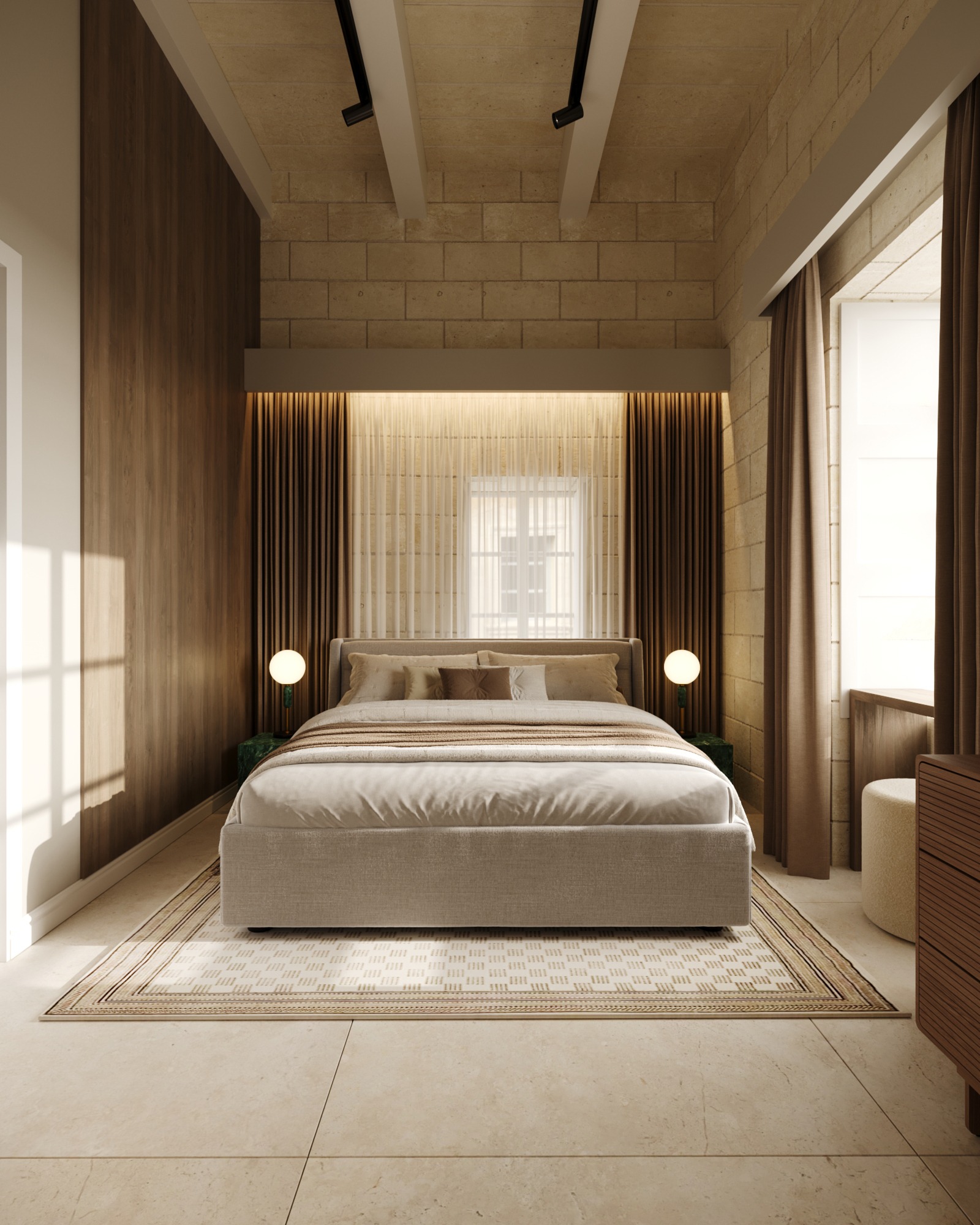 Warm neutral boutique hotel bedroom framed by timber and limestone