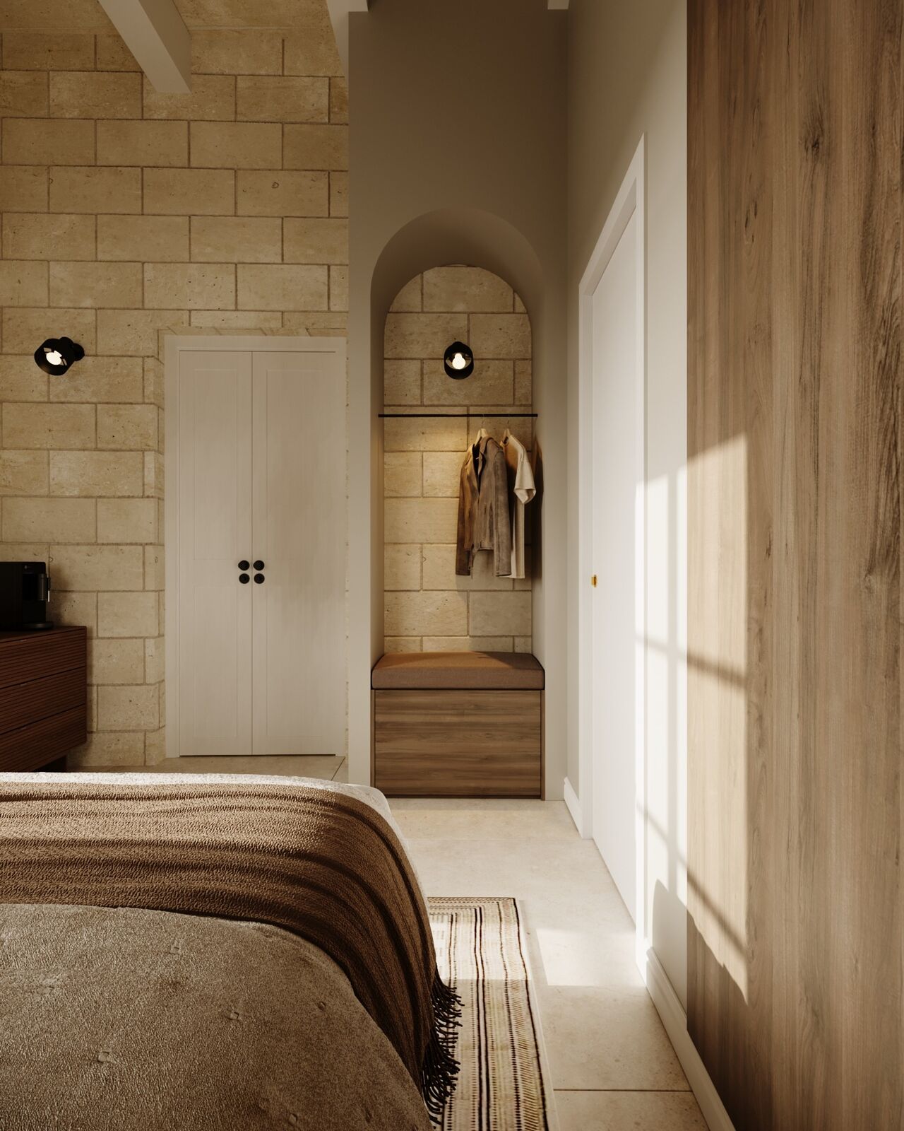 Second hotel bedroom entrance with arched open wardrobe niche