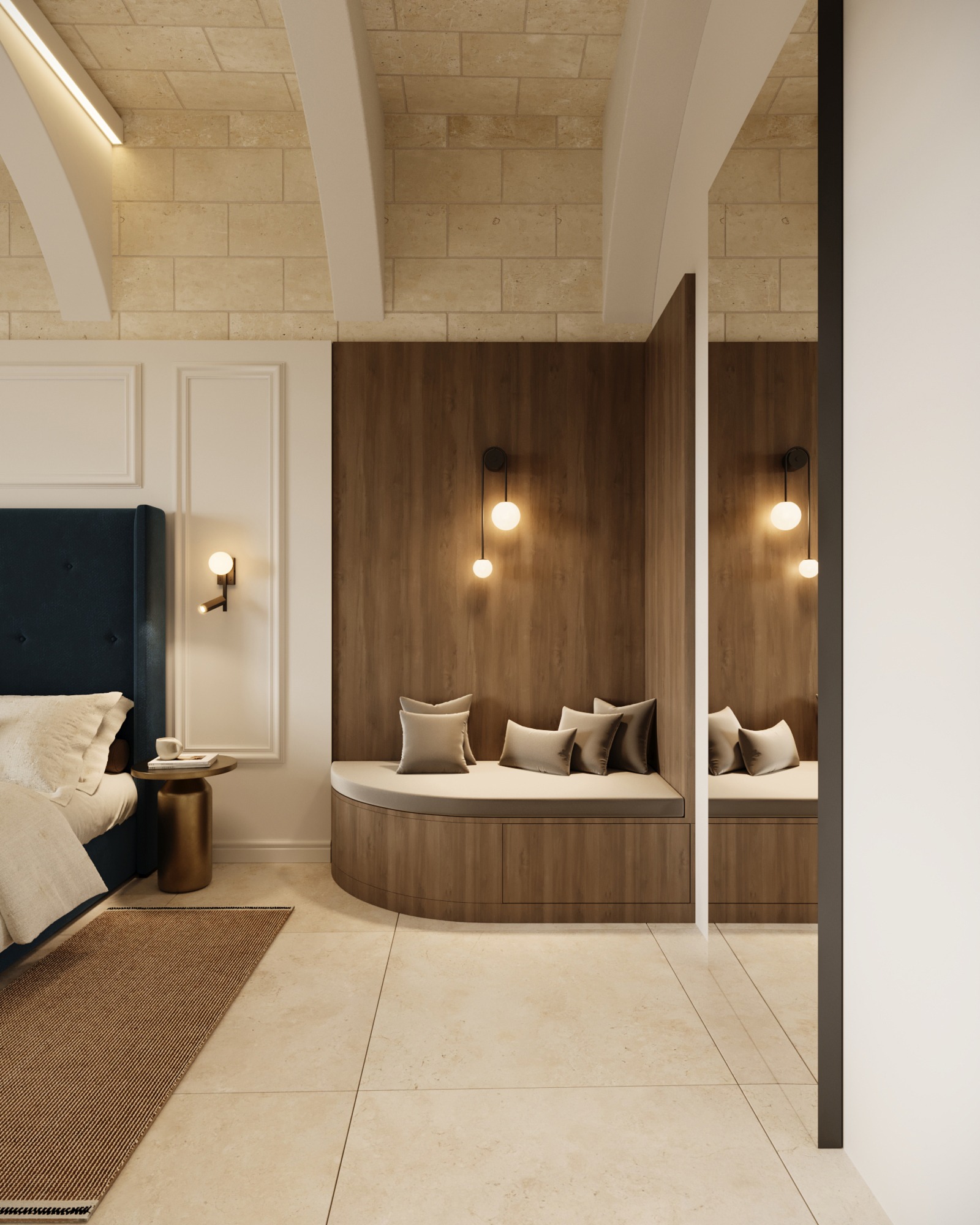 Curved walnut window seat with integrated mirror in the boutique hotel bedroom