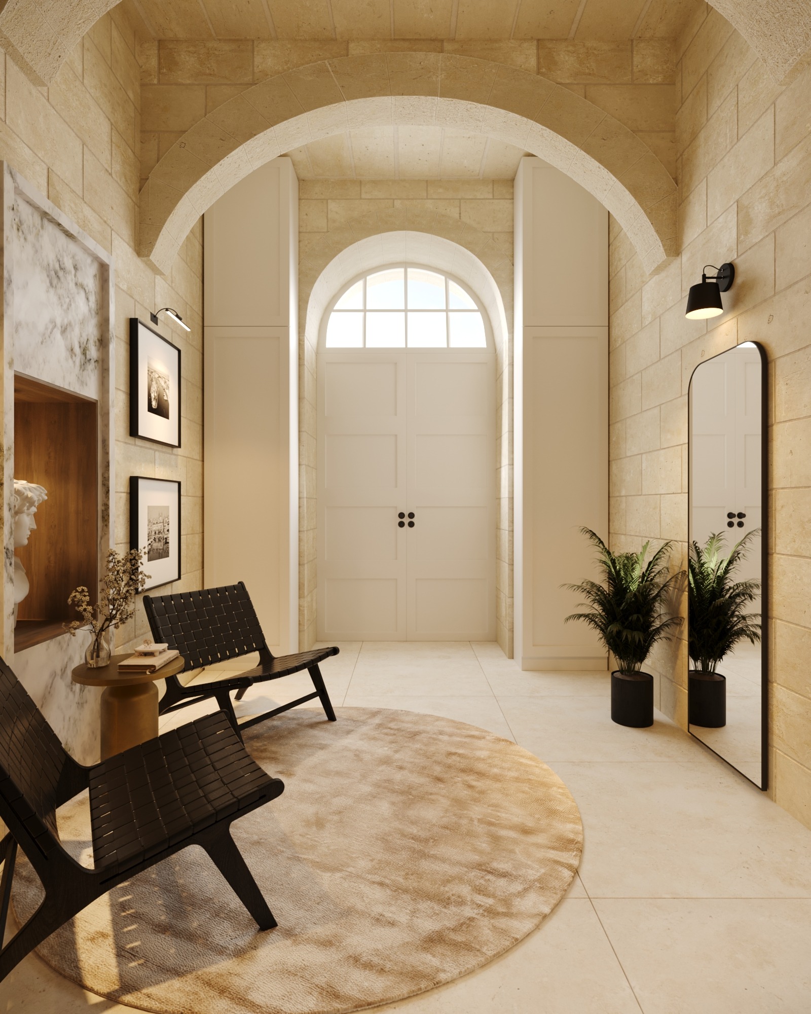 Arched hotel entrance door viewed from the seating area