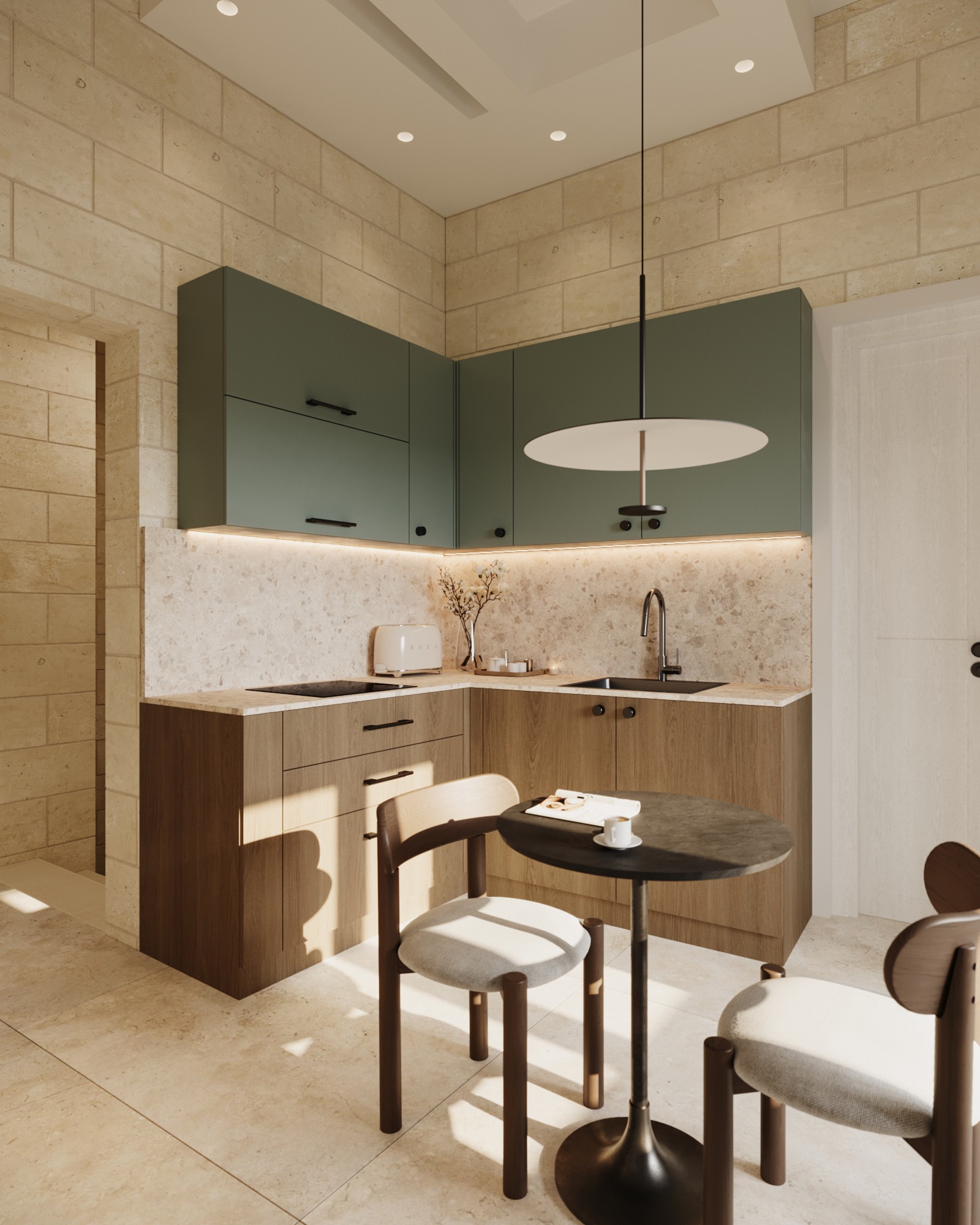 Sage and walnut kitchenette with integrated lighting and stone worktop
