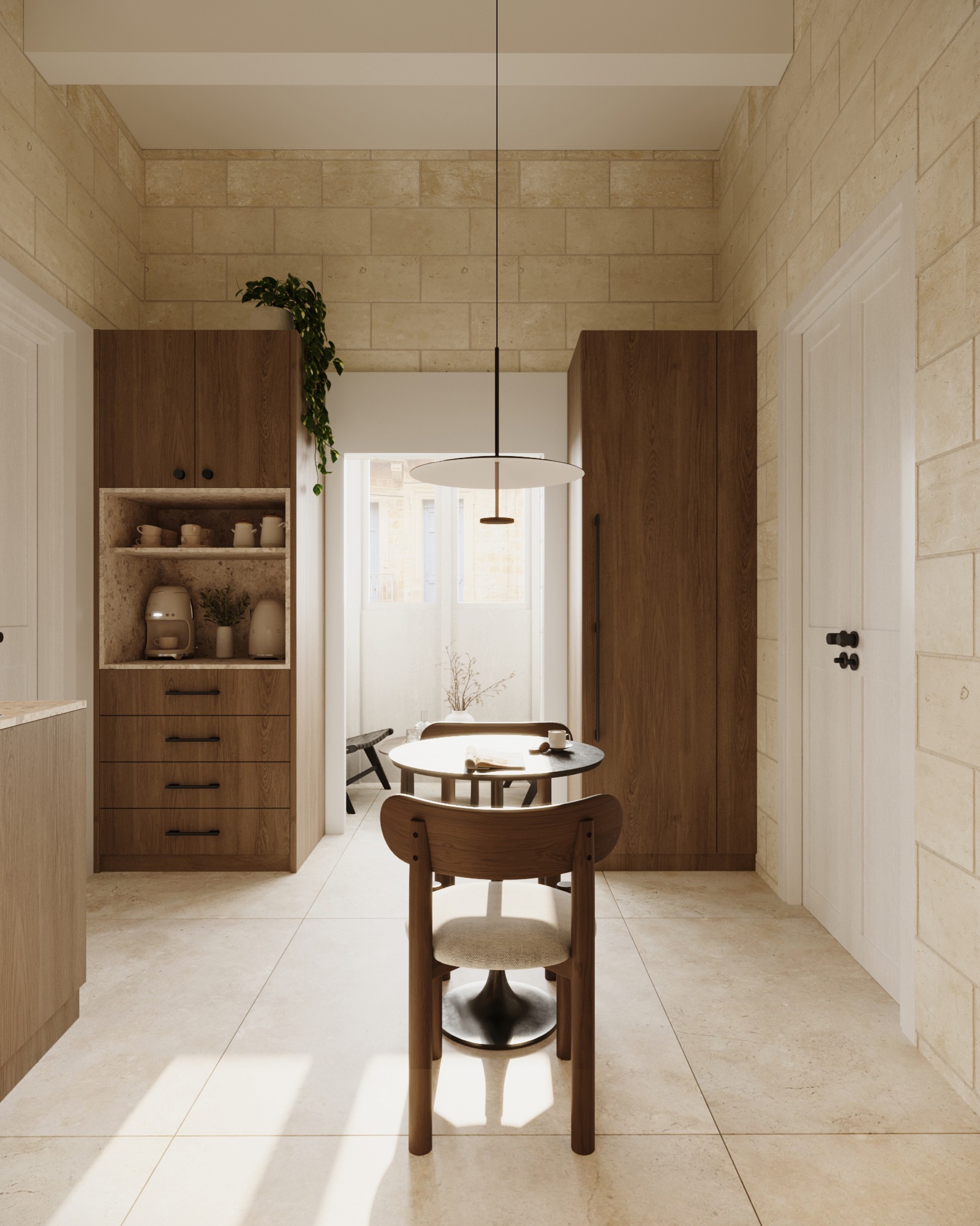 Compact boutique hotel kitchenette with dining table and walnut storage