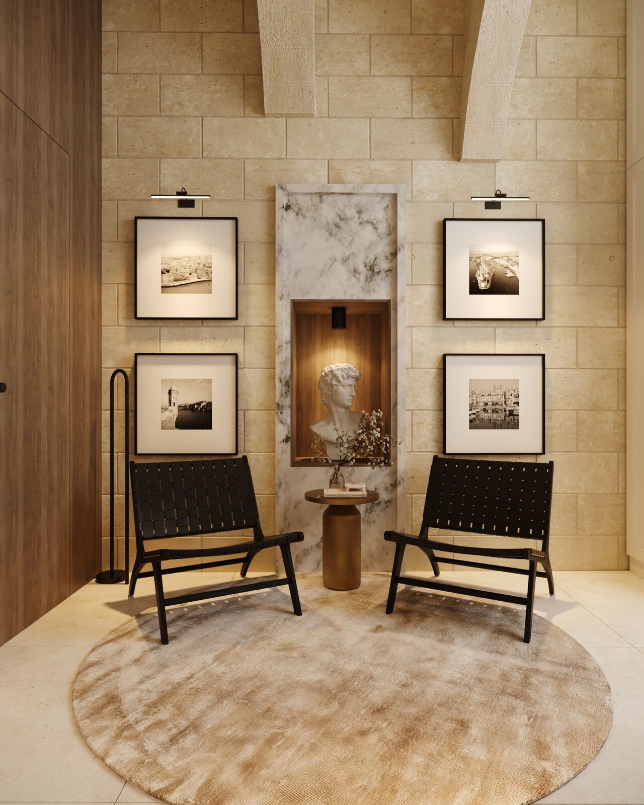 Boutique hotel entrance seating niche with framed artwork