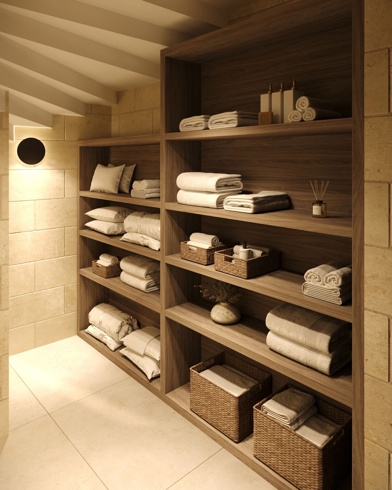 Timber shelving in the entrance-level hotel storage room