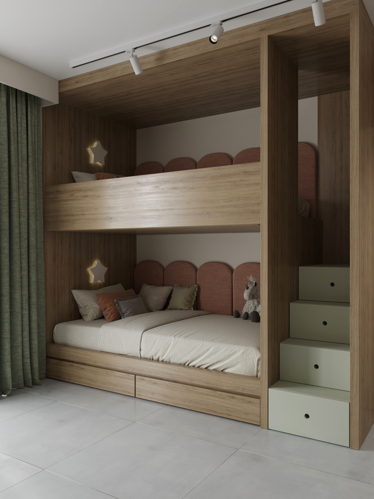 Built-in timber bunk beds with storage drawers, steps and individual reading lights