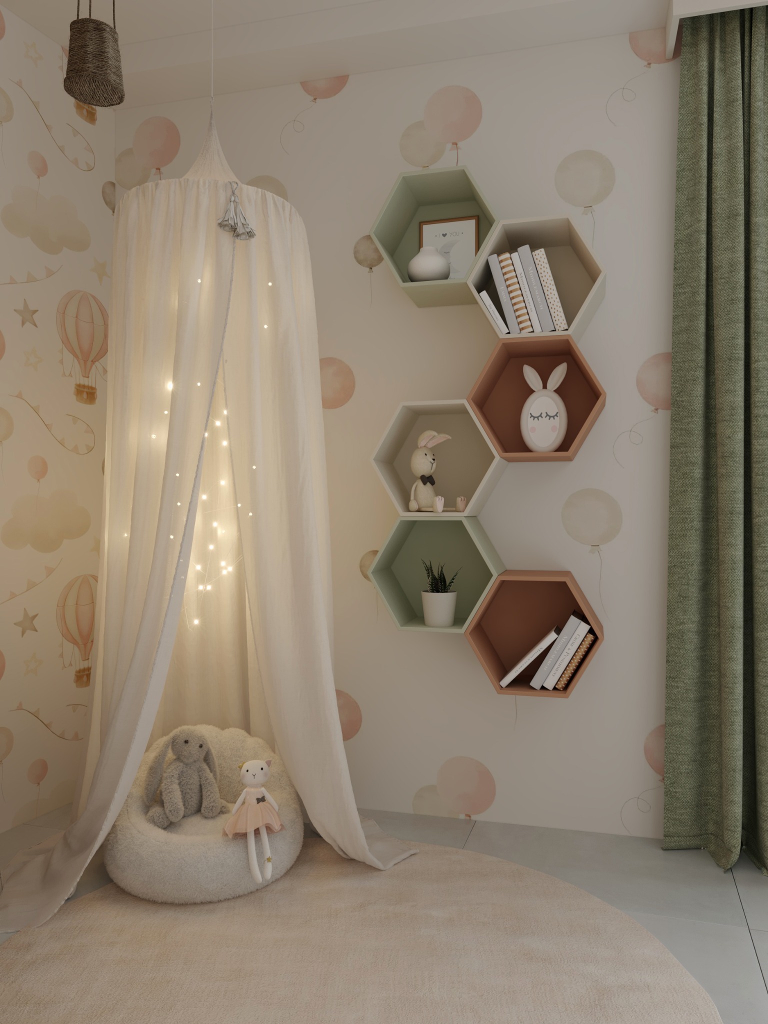 Children's reading corner with fabric canopy, soft lighting and colourful wall shelves