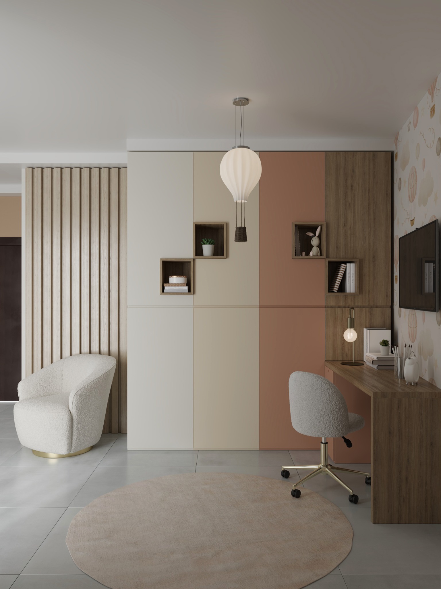 Fitted children's wardrobes in soft pink, cream and timber beside a study desk