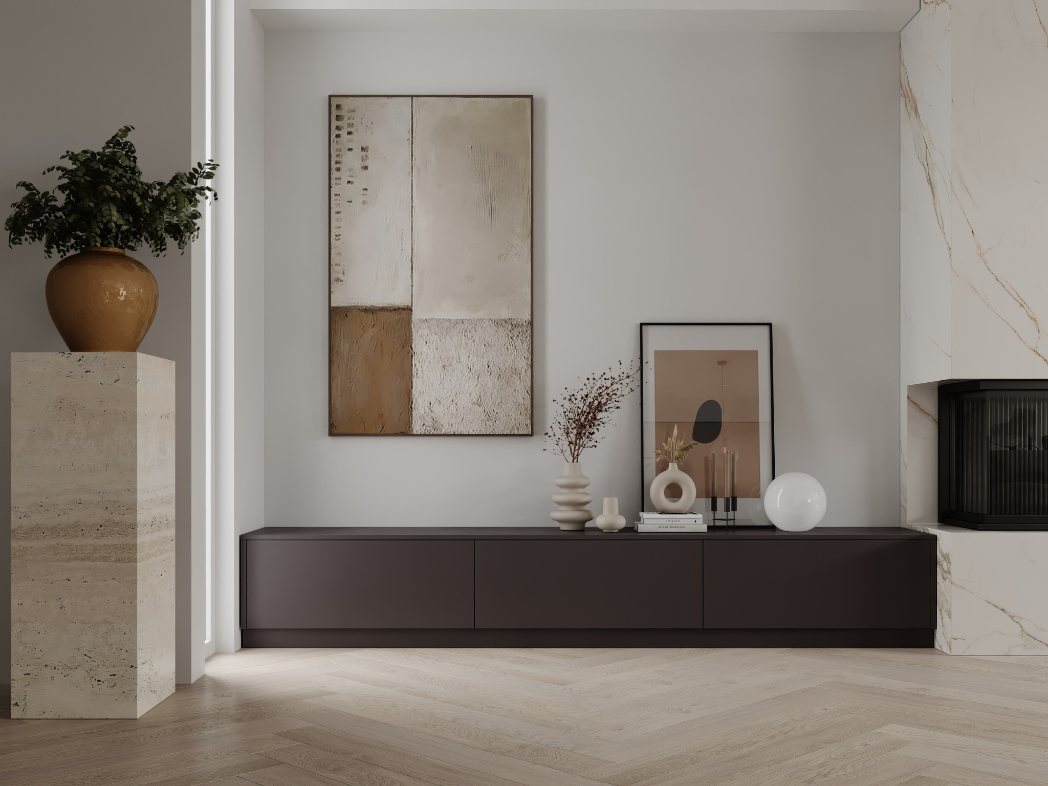 Curated art wall and dark bespoke cabinetry