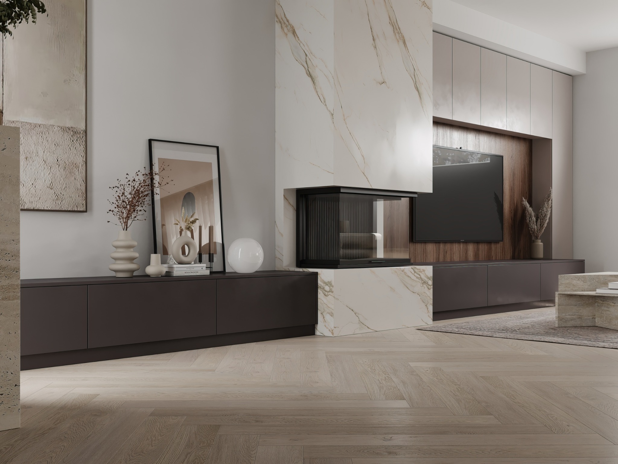 Marble fireplace and bespoke media wall
