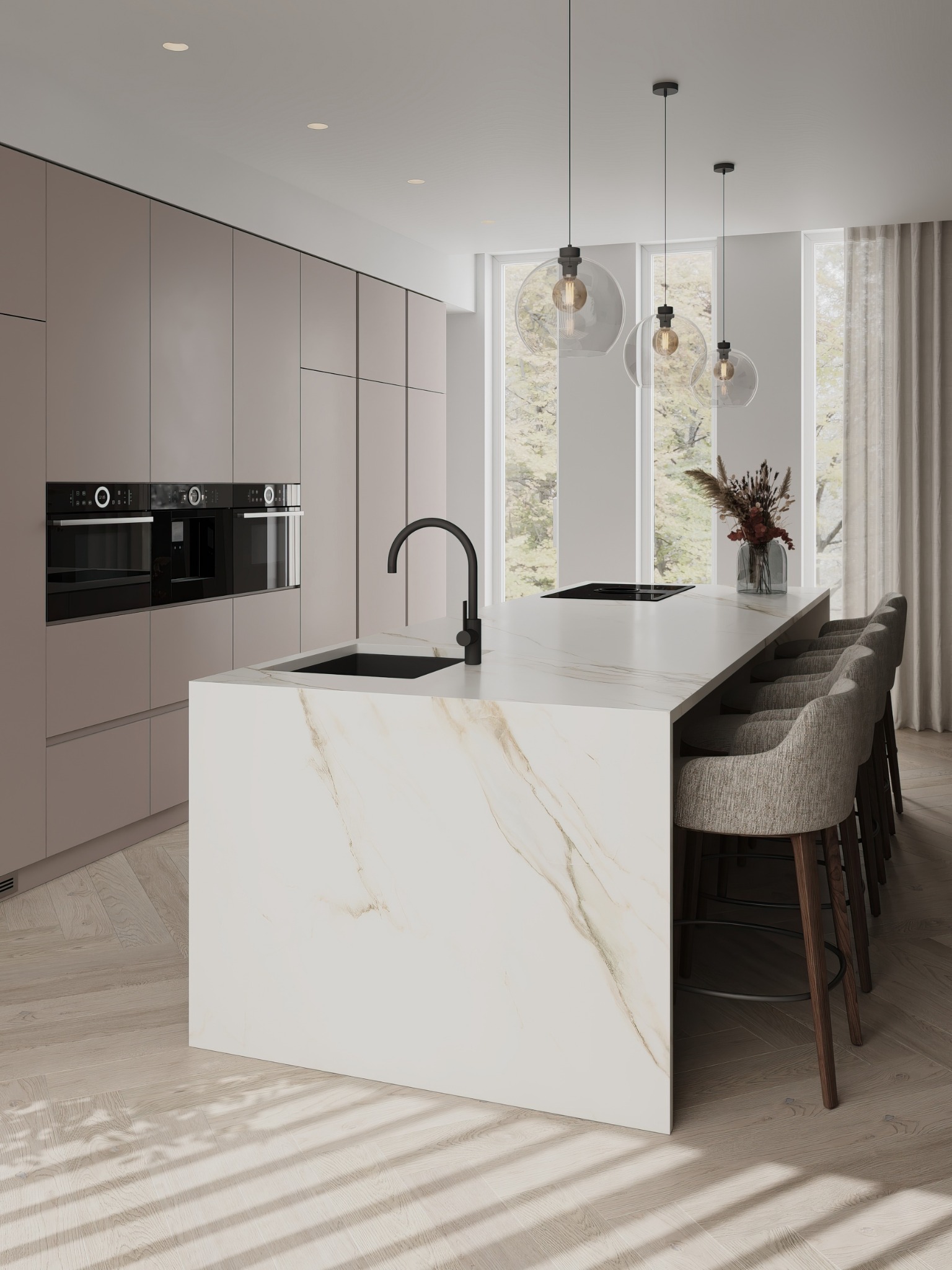 Marble kitchen island with pendant lighting
