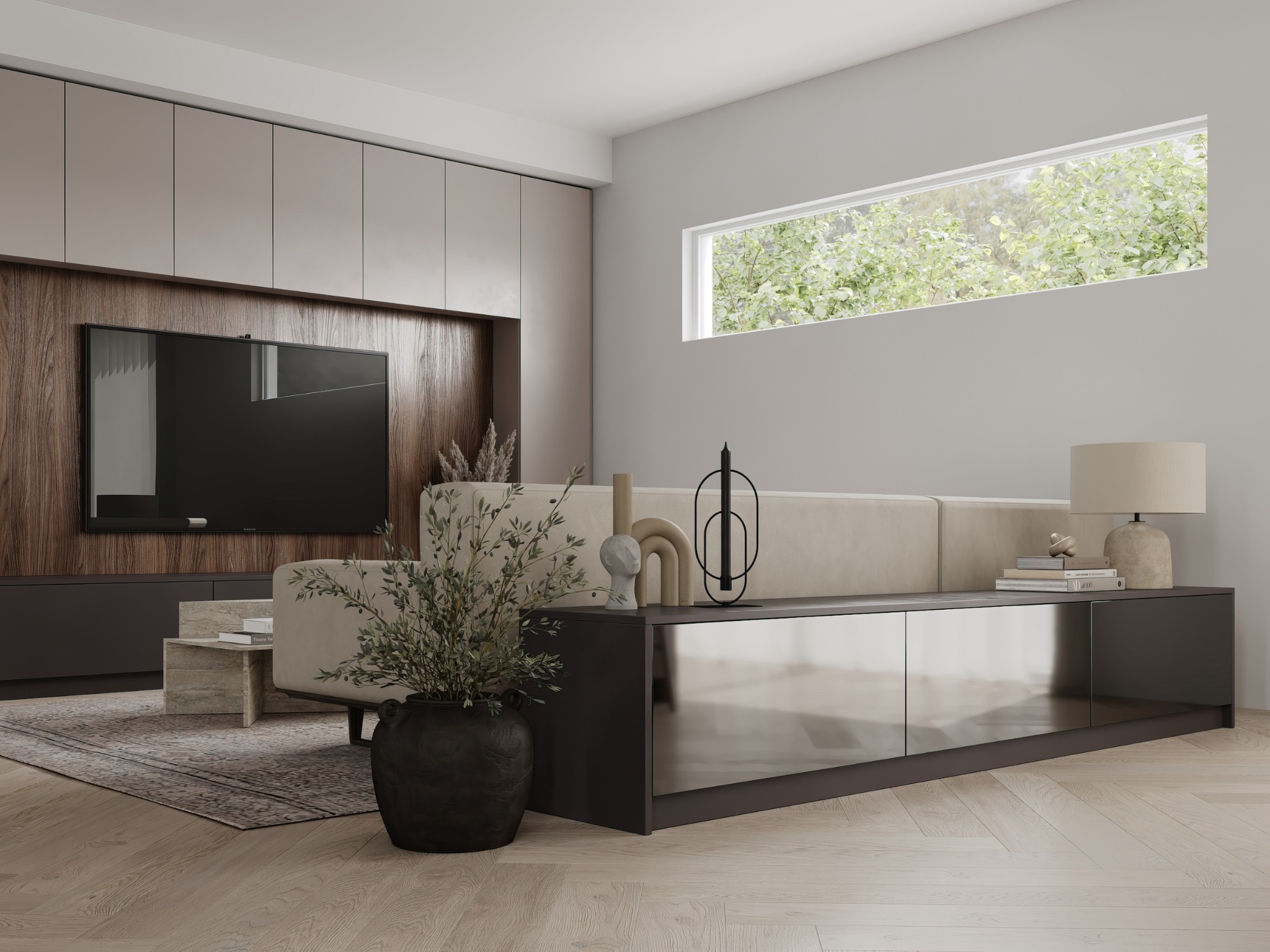Living area with sculptural accessories and integrated storage