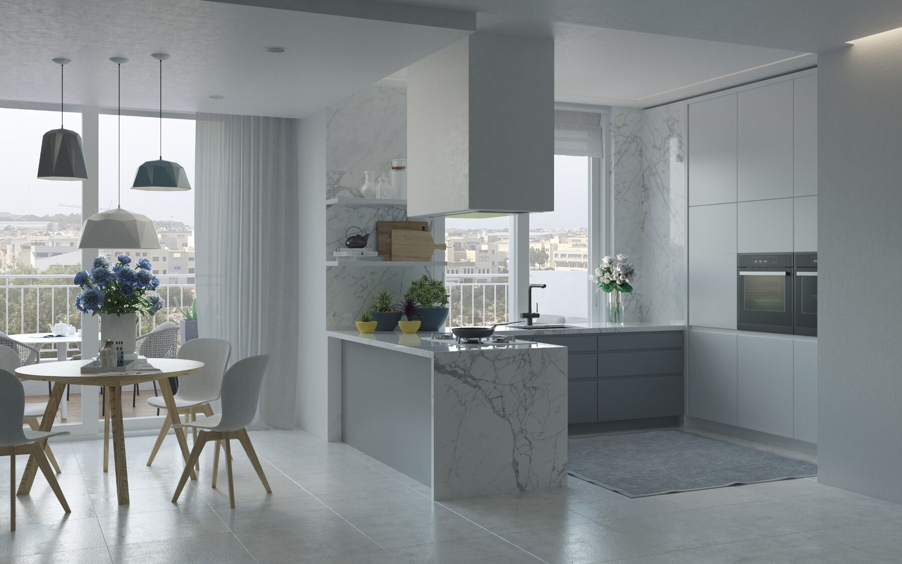 White and grey marble kitchen and dining area