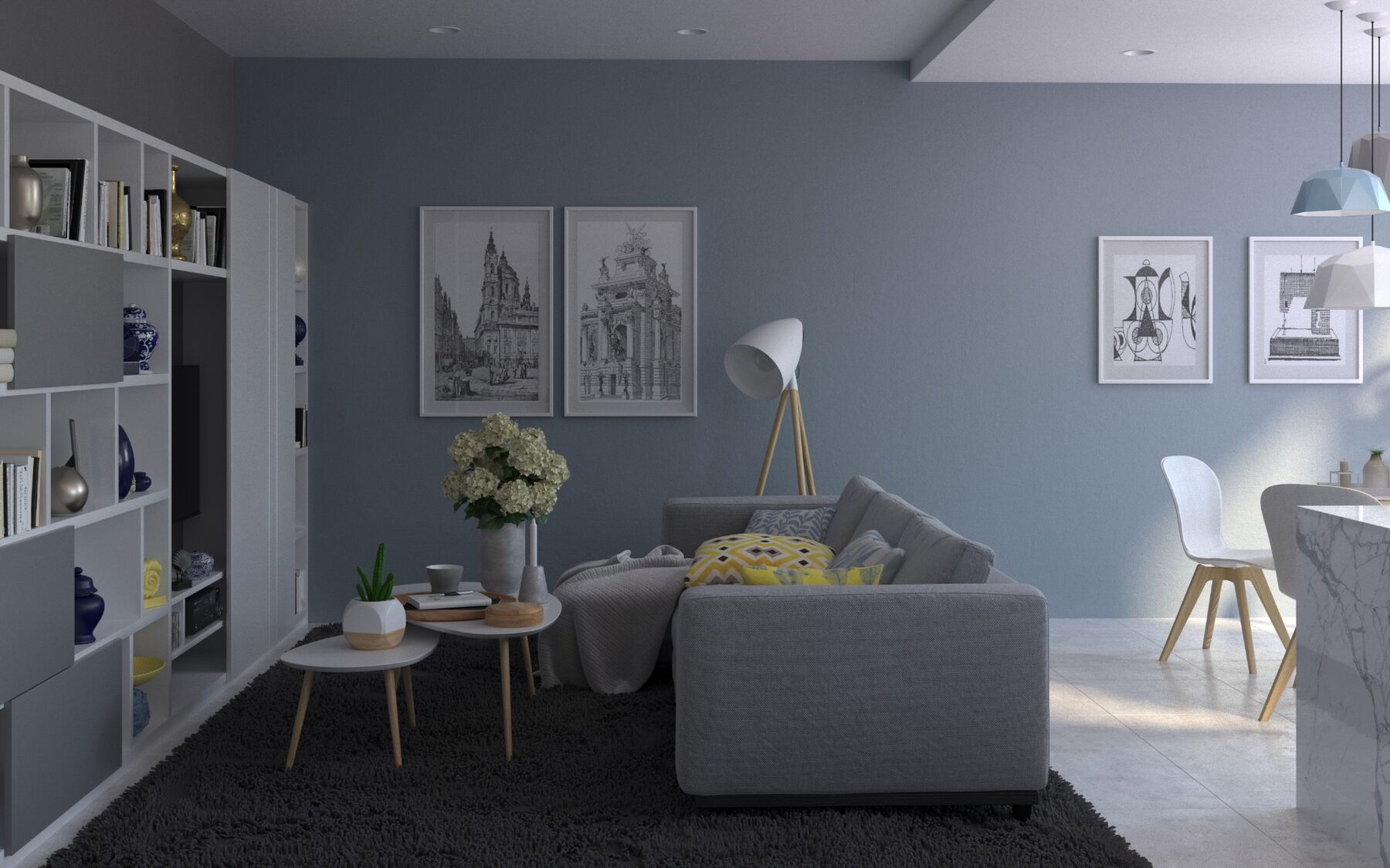 Blue-grey open-plan living room
